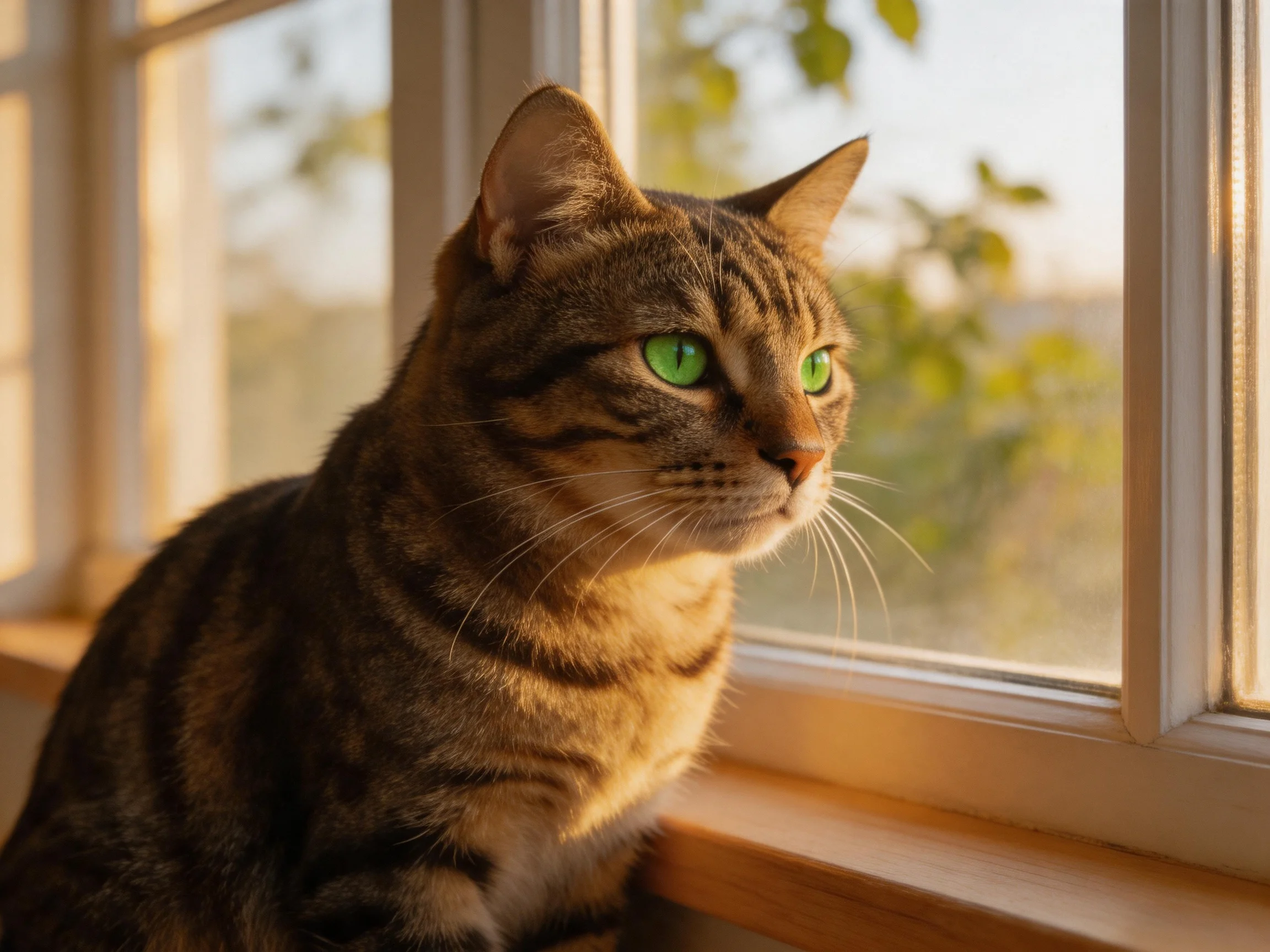 A tabby cat with green eyes sits by a sunlit window, gazing outside