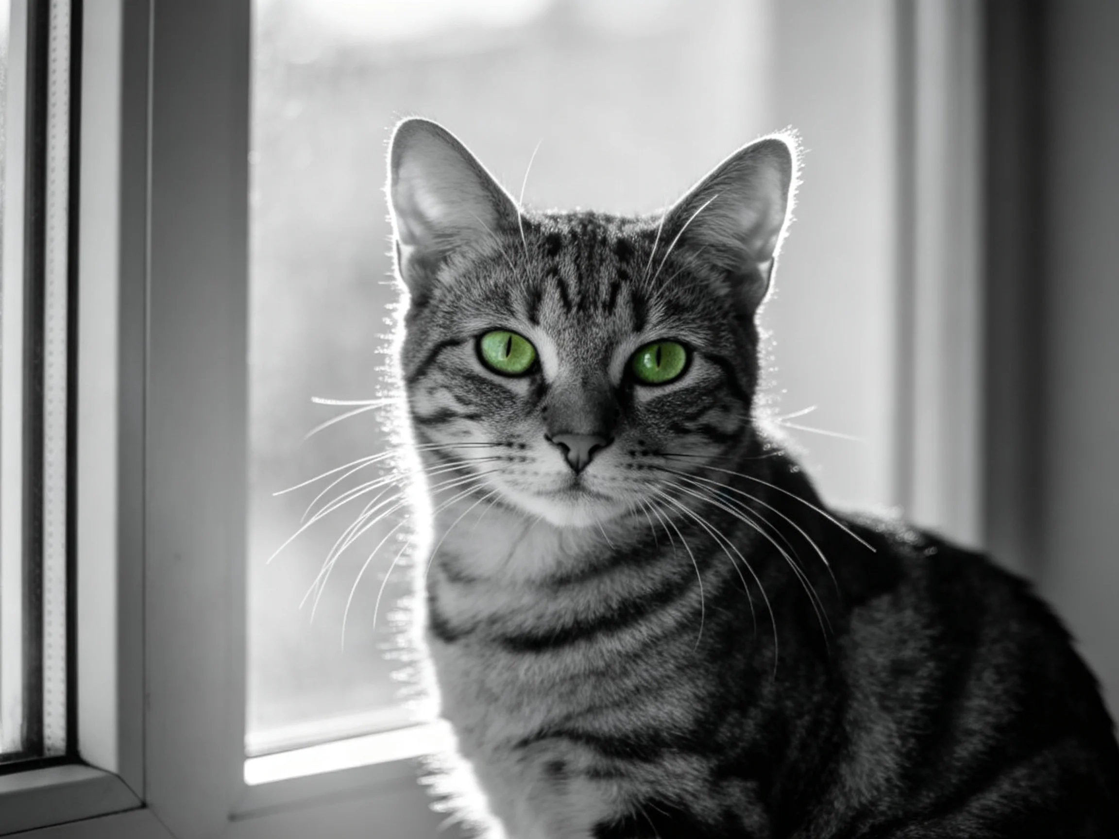 A tabby cat with green eyes sits near a sunlit window.