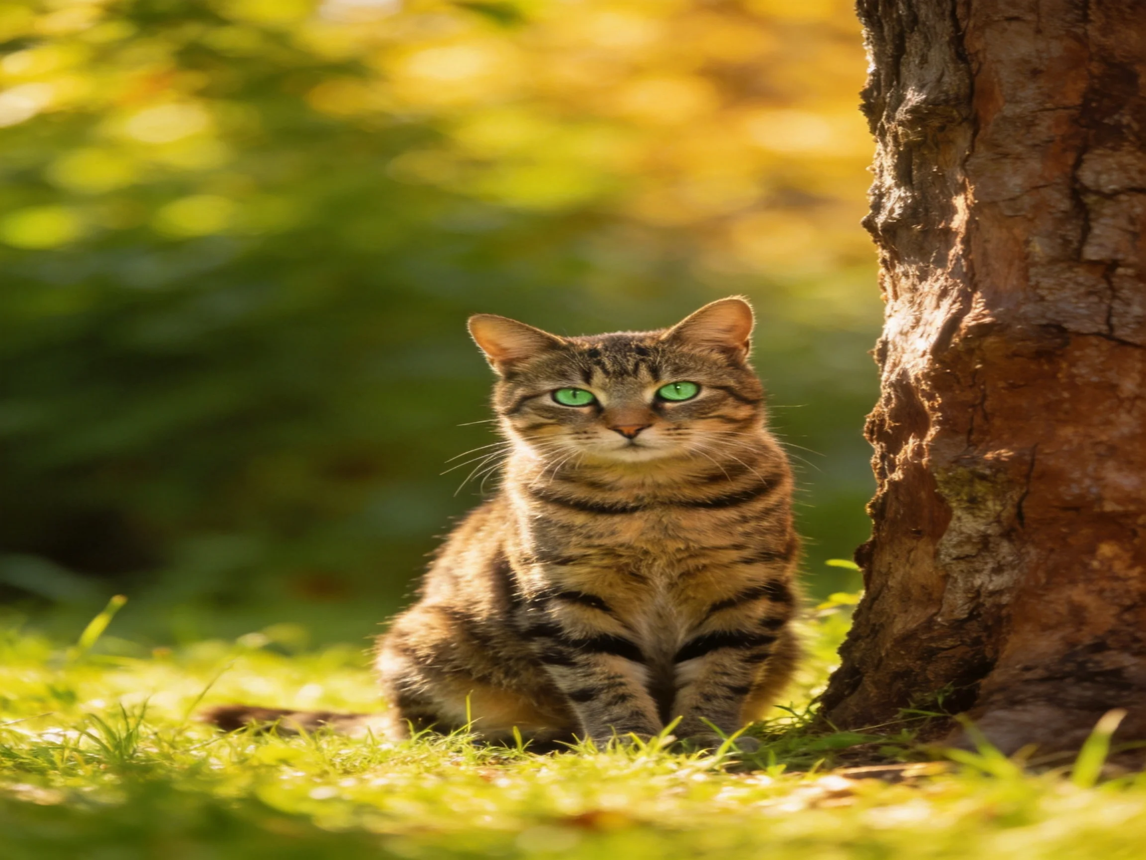 A tabby cat with green eyes rests near a tree in a sunlit outdoor space.