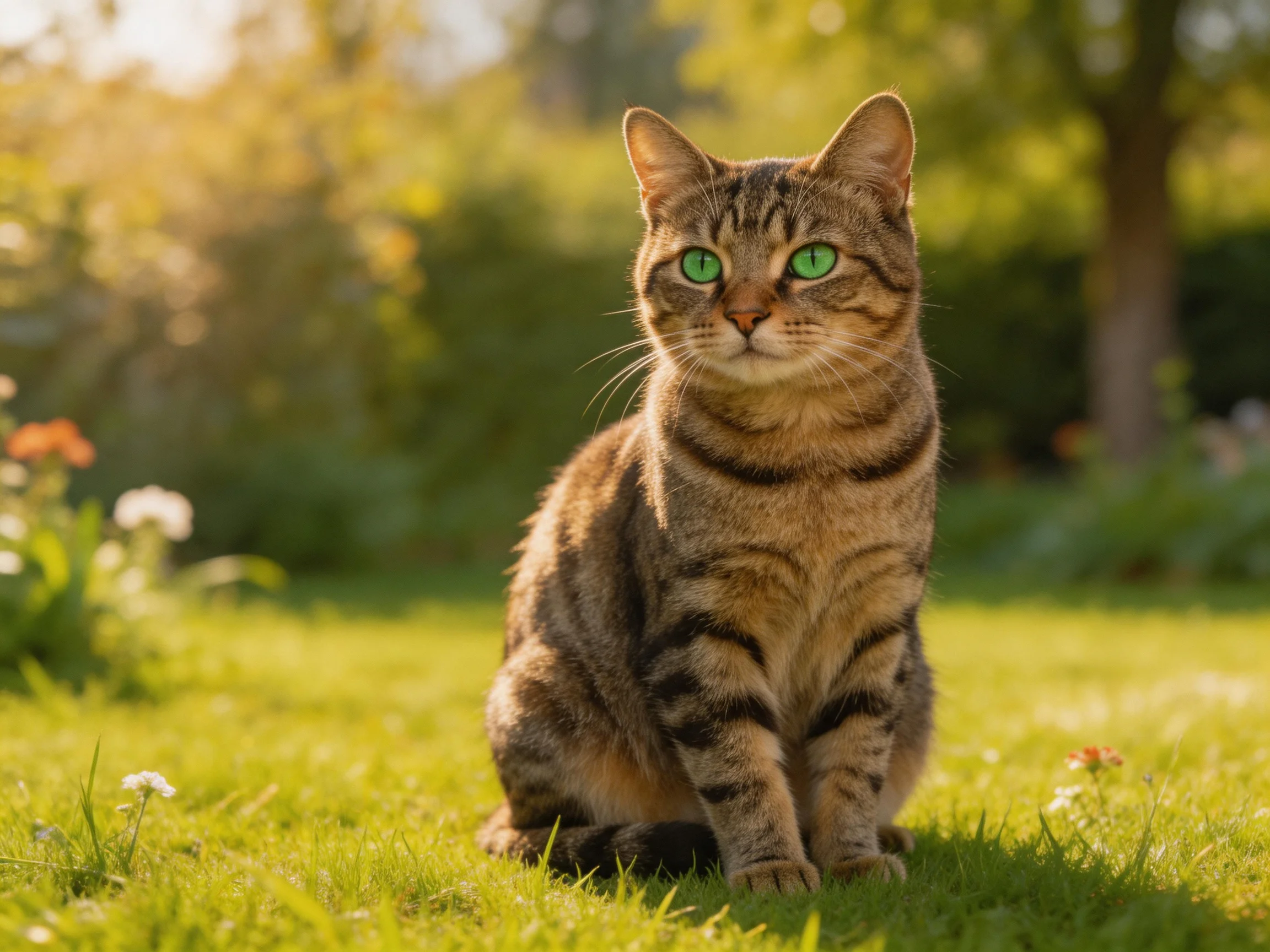 A tabby cat with green eyes sits calmly in a sunlit garden.