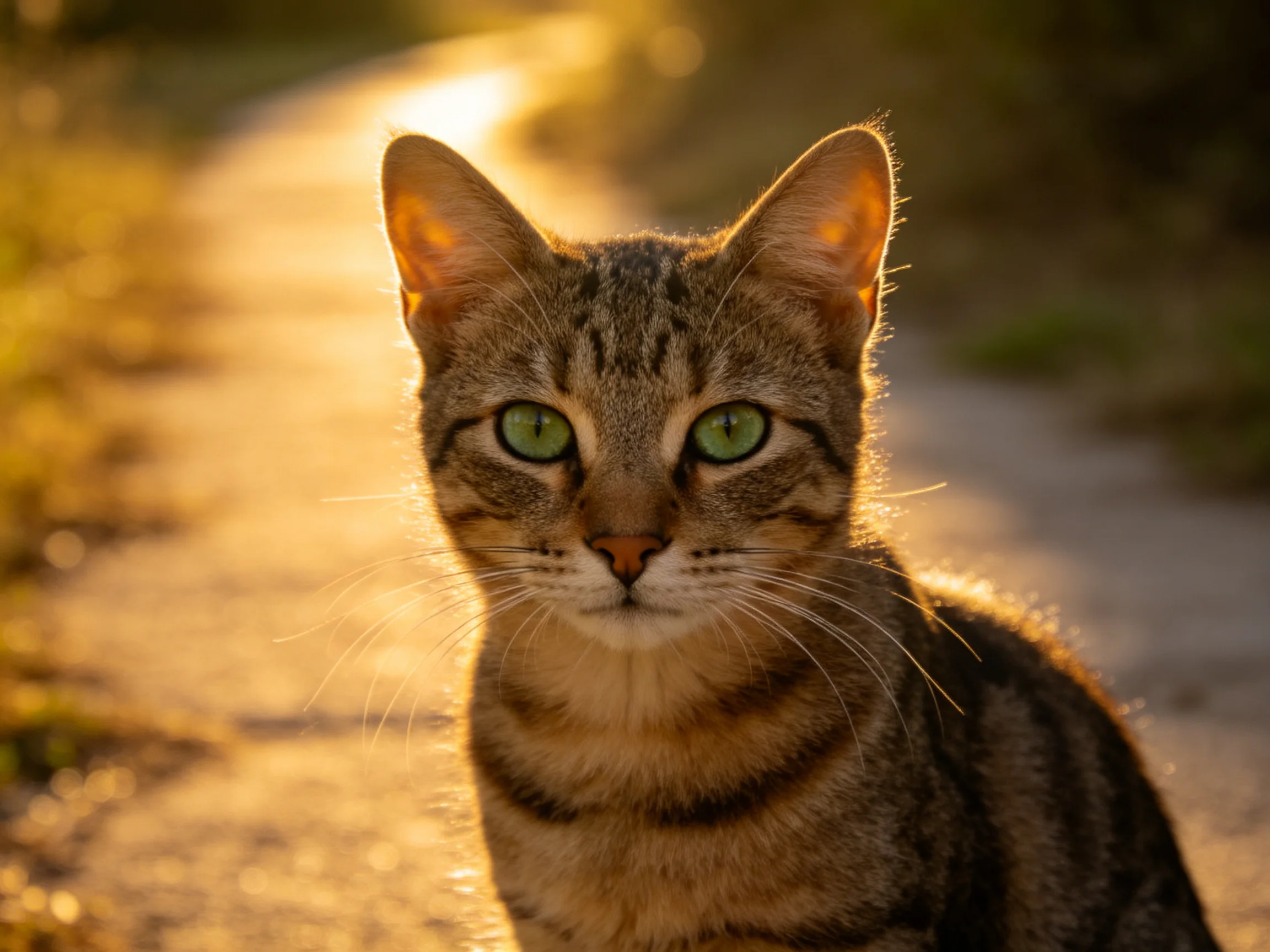A tabby cat with green eyes is illuminated by warm sunlight.