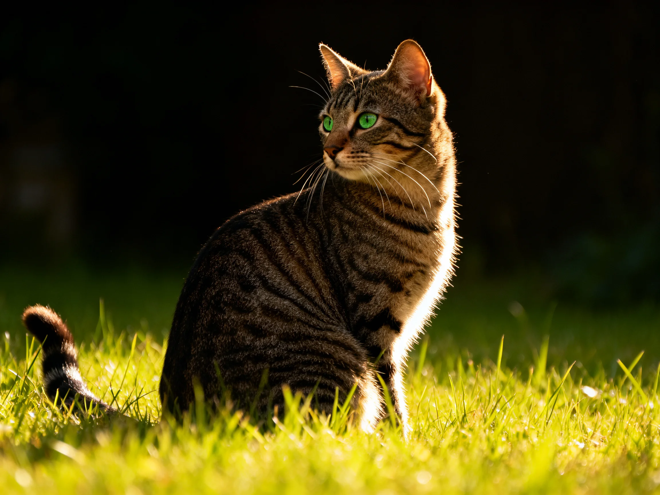 A tabby cat with green eyes sits attentively in sunlit grass.