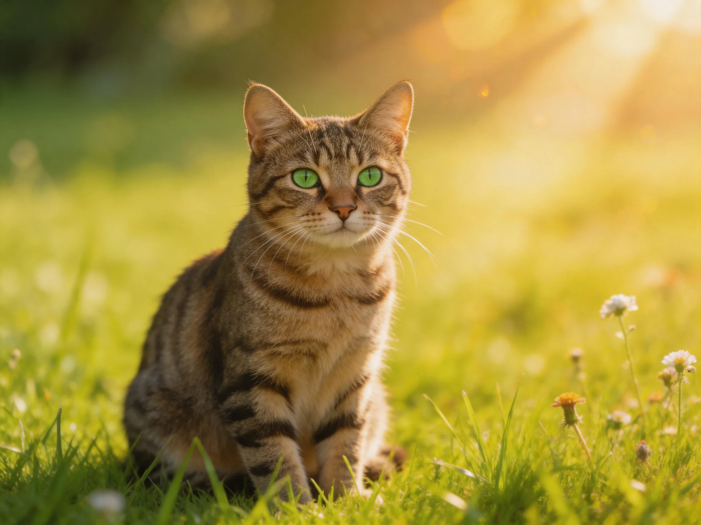 A tabby cat with green eyes rests in a sunlit meadow of tall grass.