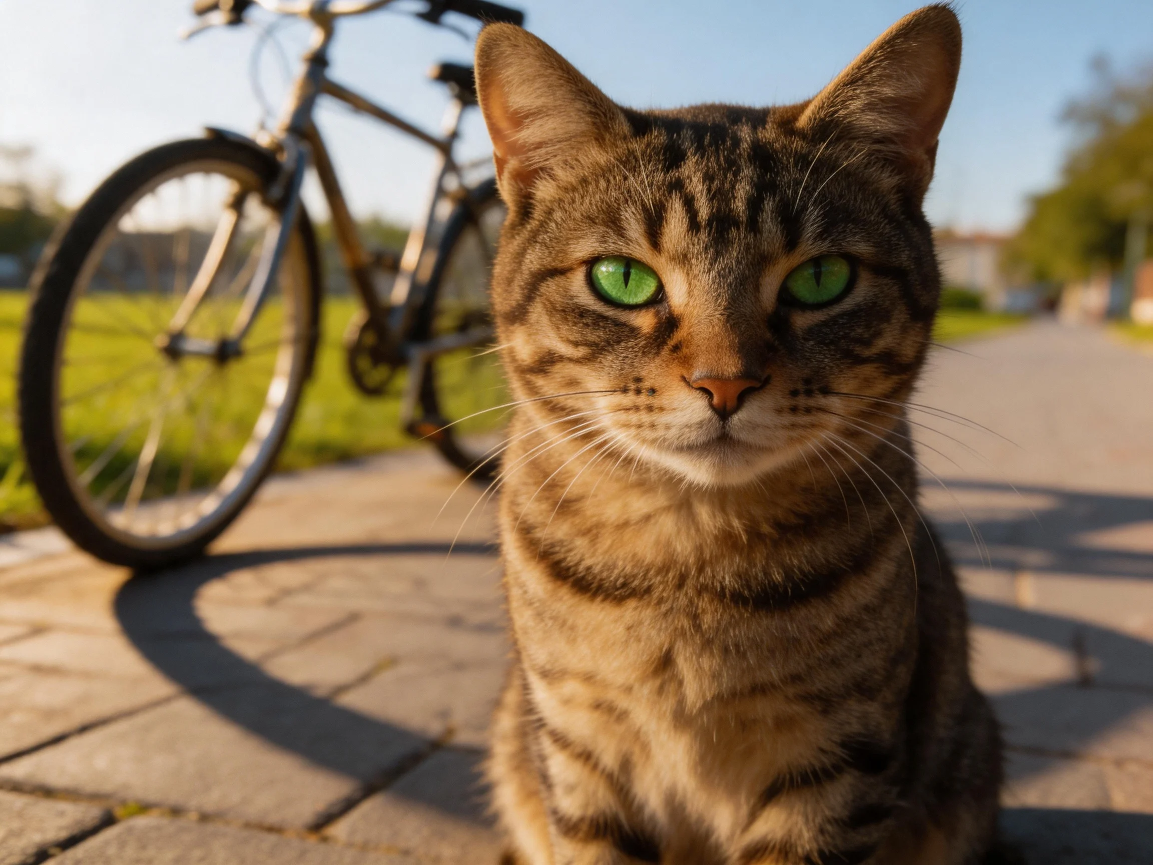 A tabby cat with green eyes sits near a bicycle on a paved path.