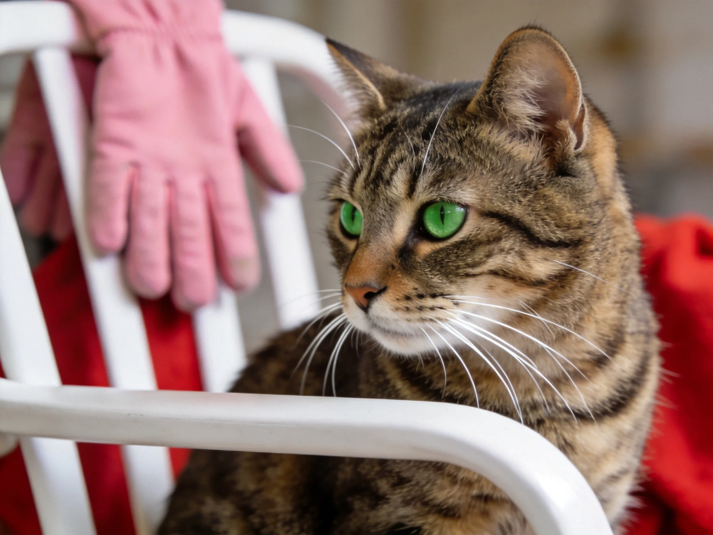 A tabby cat with green eyes sits near pink gloves on a white chair.