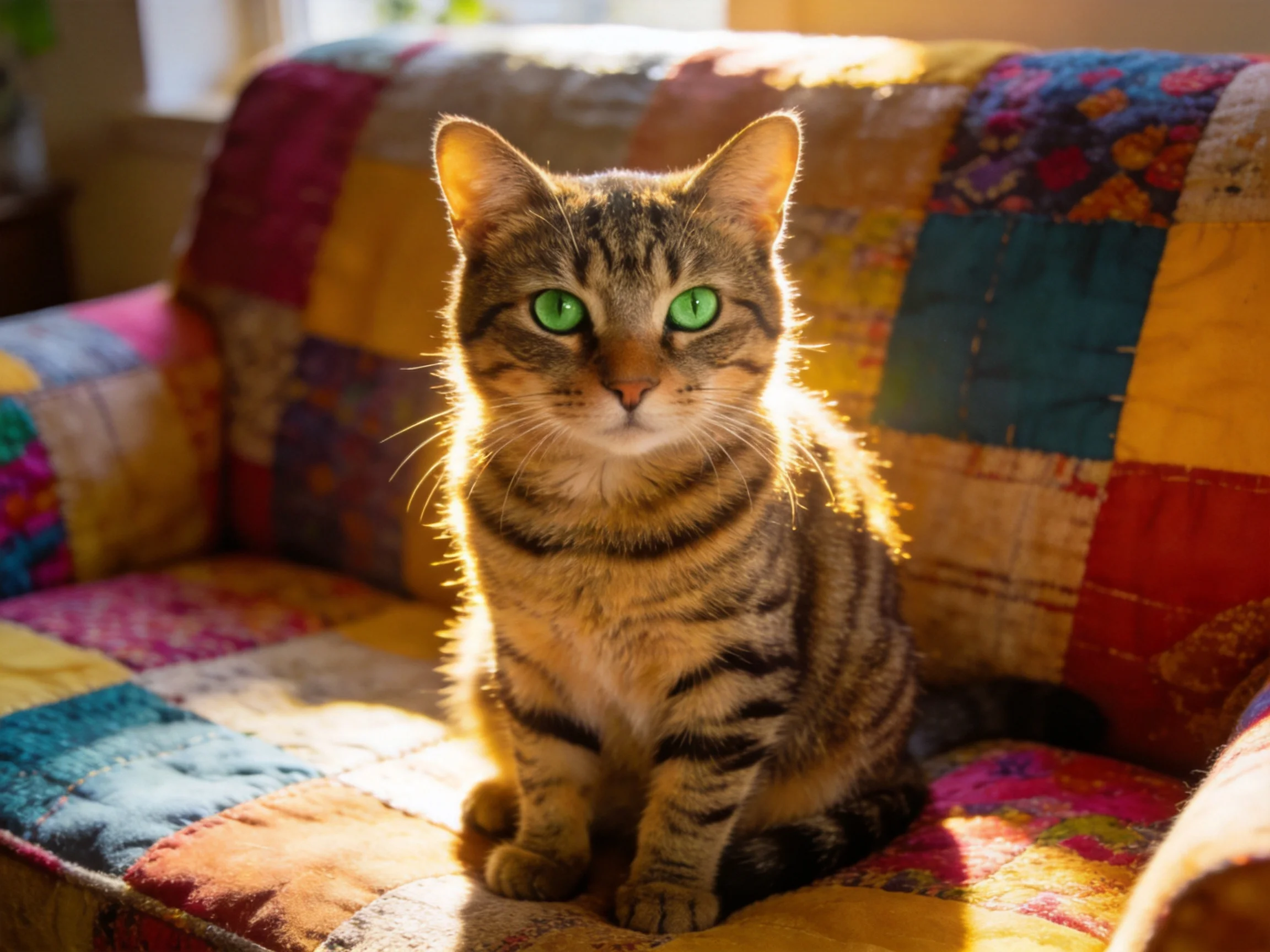 A tabby cat with green eyes sits on a vibrant patchwork couch in sunlight.