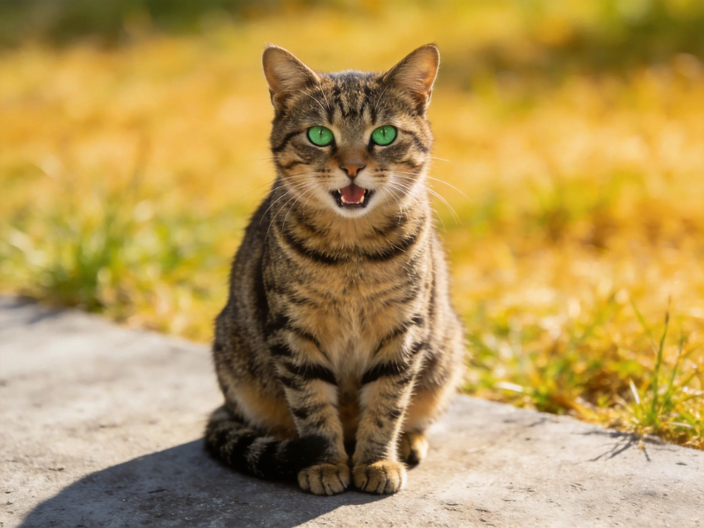 A tabby cat with green eyes sits on a concrete area beside golden grass