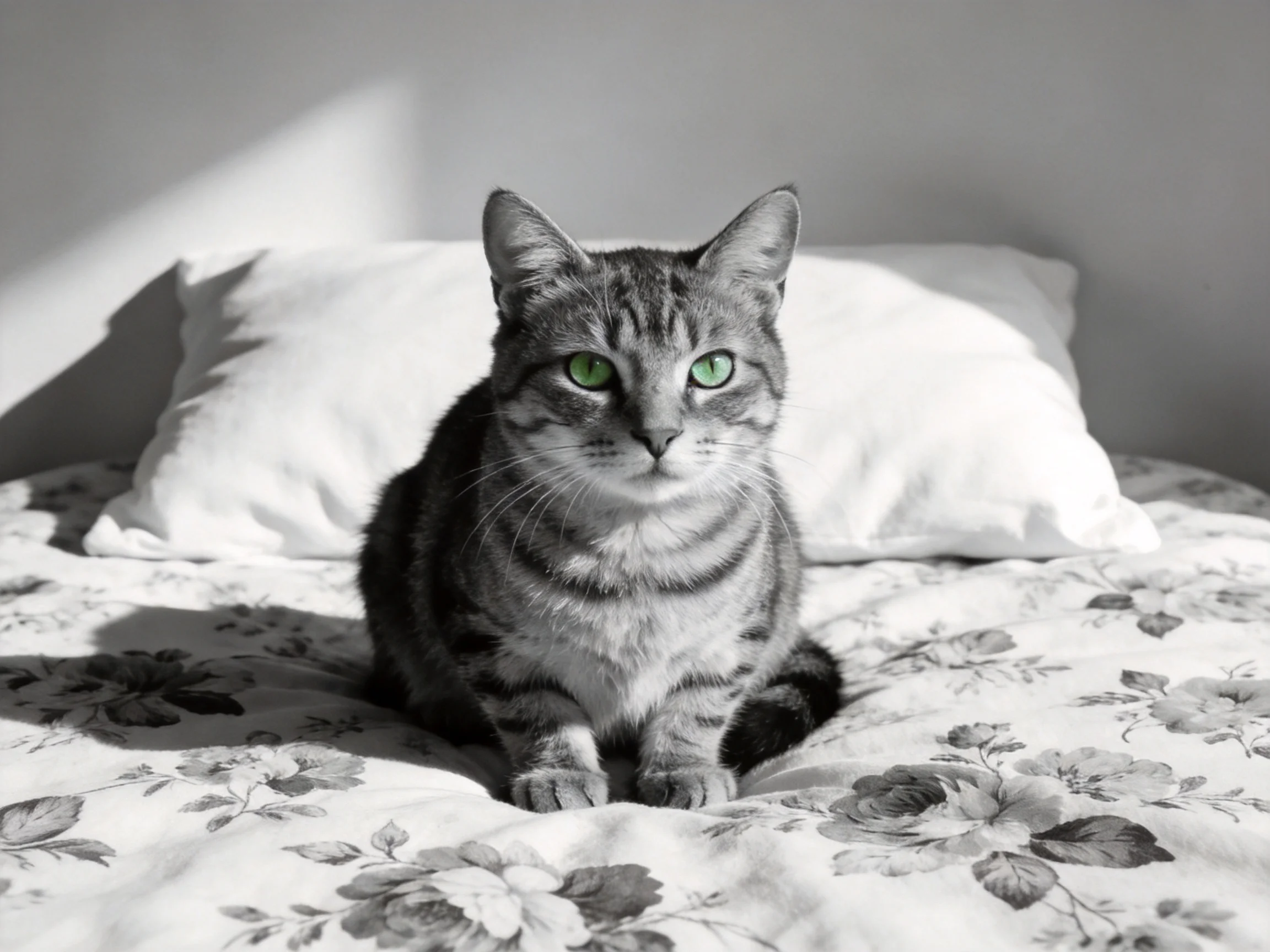 A tabby cat with green eyes sits on a floral bedspread near a white pillow