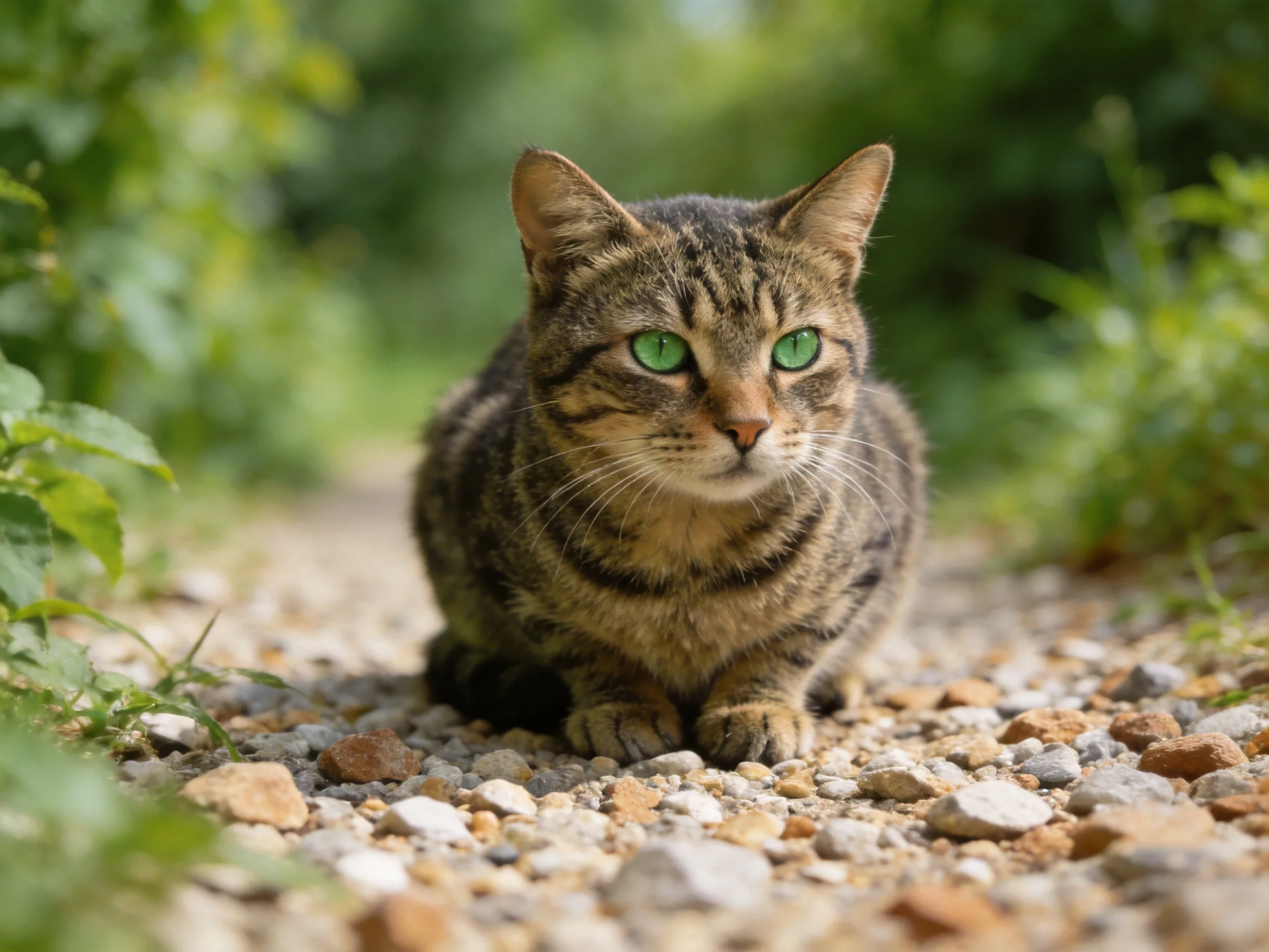 A tabby cat with green eyes rests on a gravel path in nature.