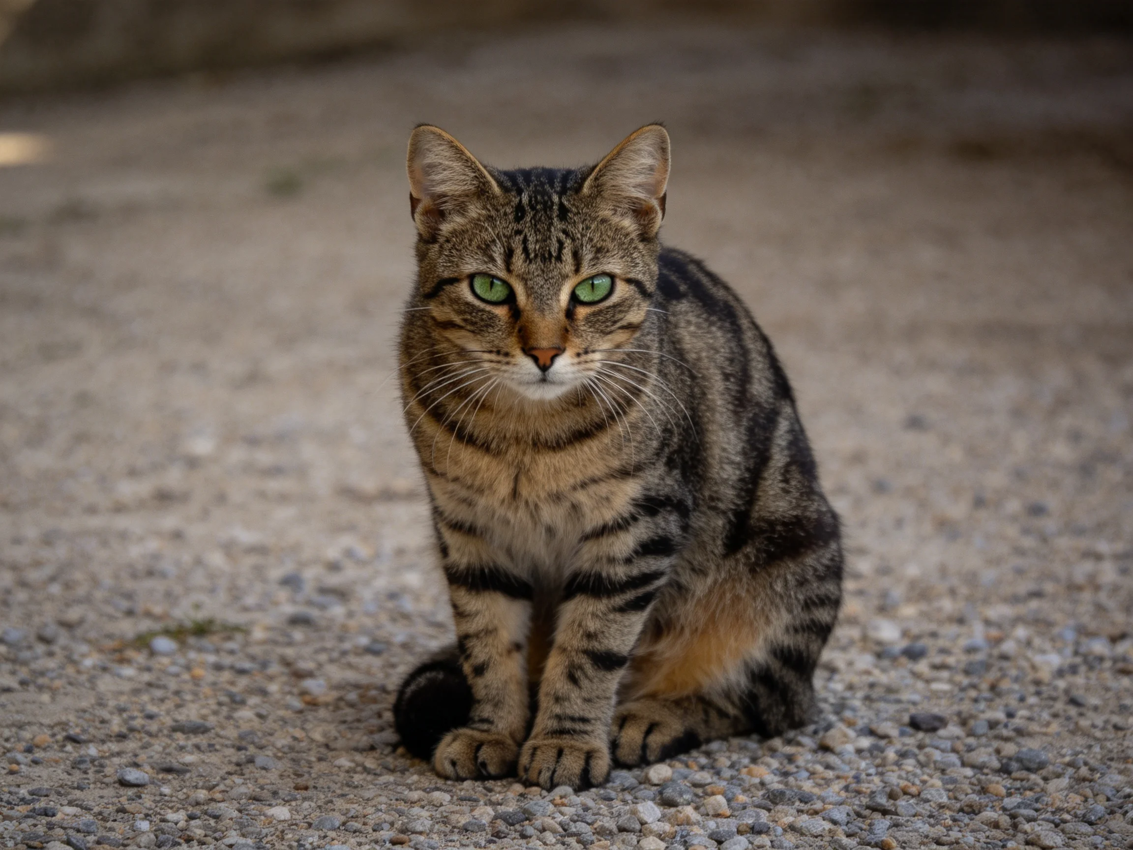 A tabby cat with green eyes sits on a gravel surface