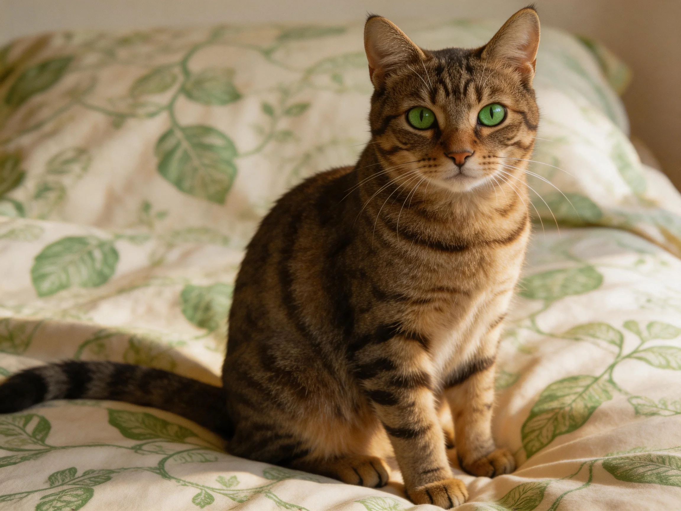 A tabby cat with green eyes sits on a leaf-patterned bedspread.