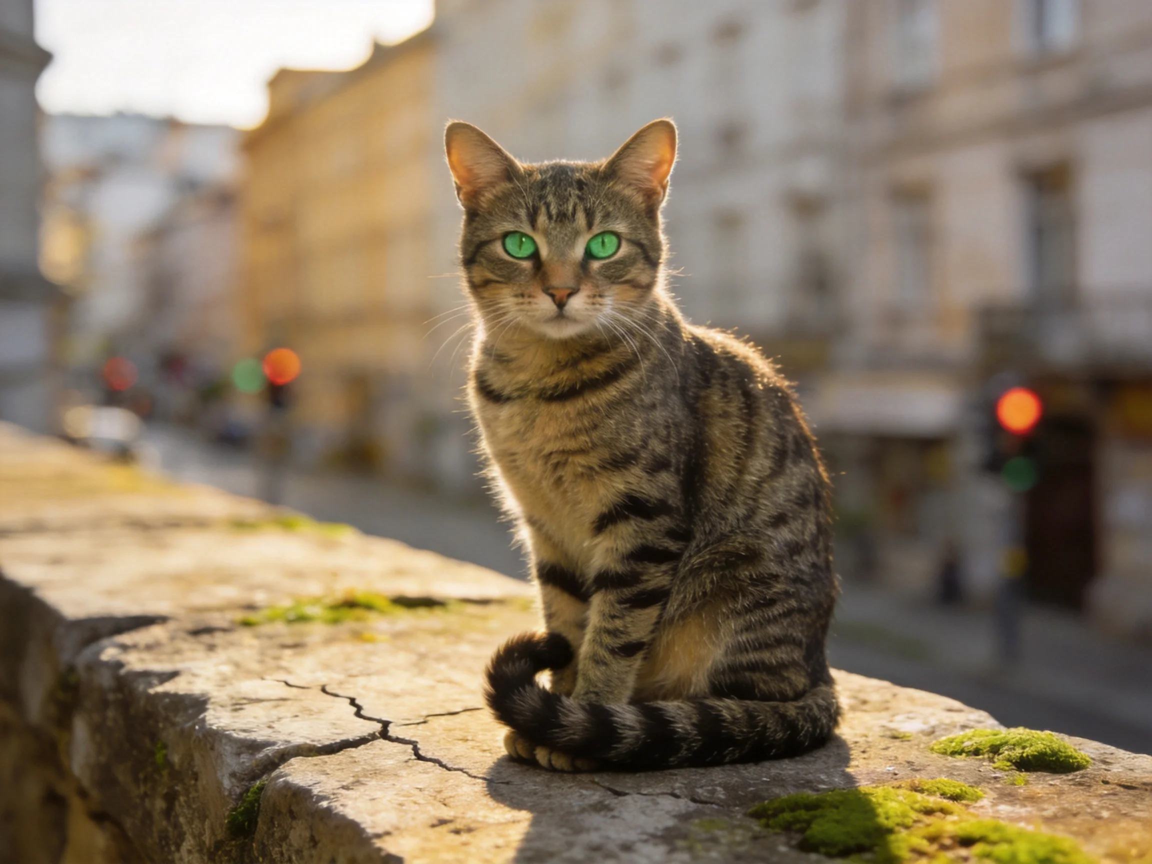 A tabby cat with green eyes sits on a stone ledge near city buildings.