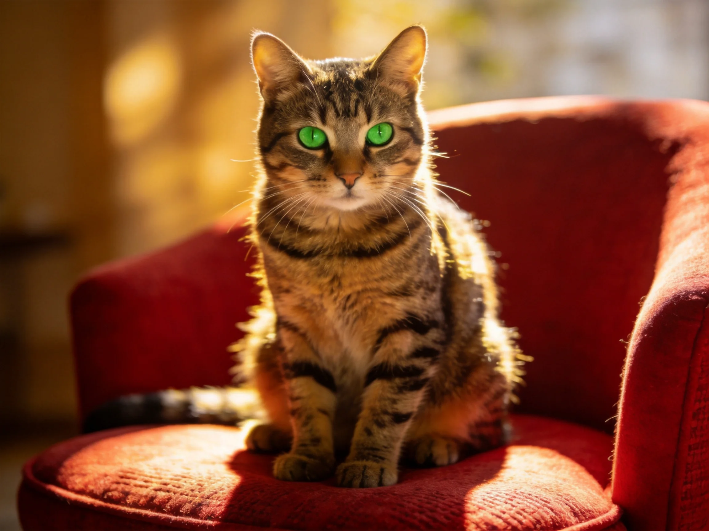 A tabby cat with green eyes sits on a red armchair