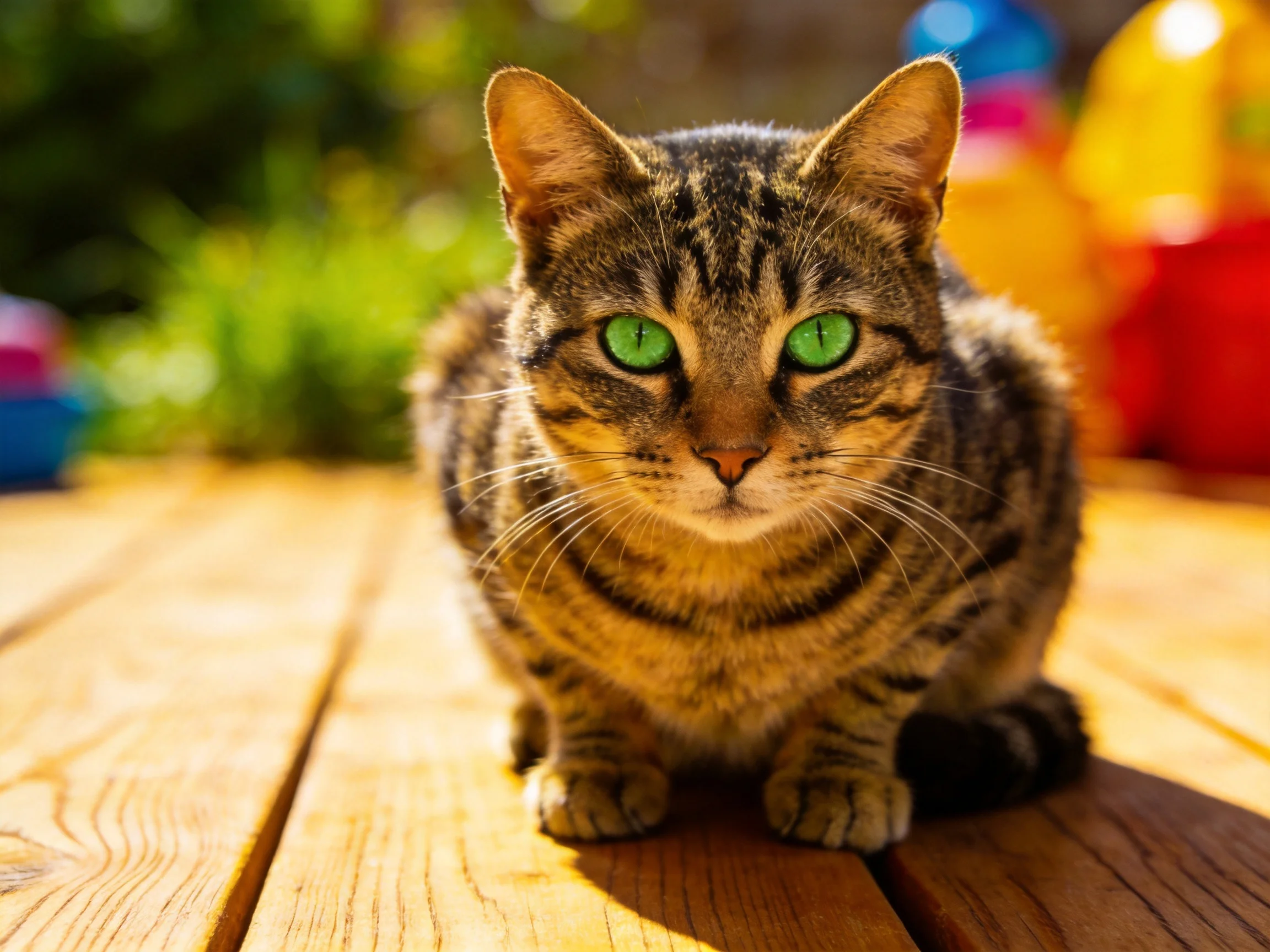 A tabby cat with green eyes rests on a wooden deck in an outdoor space with colorful items