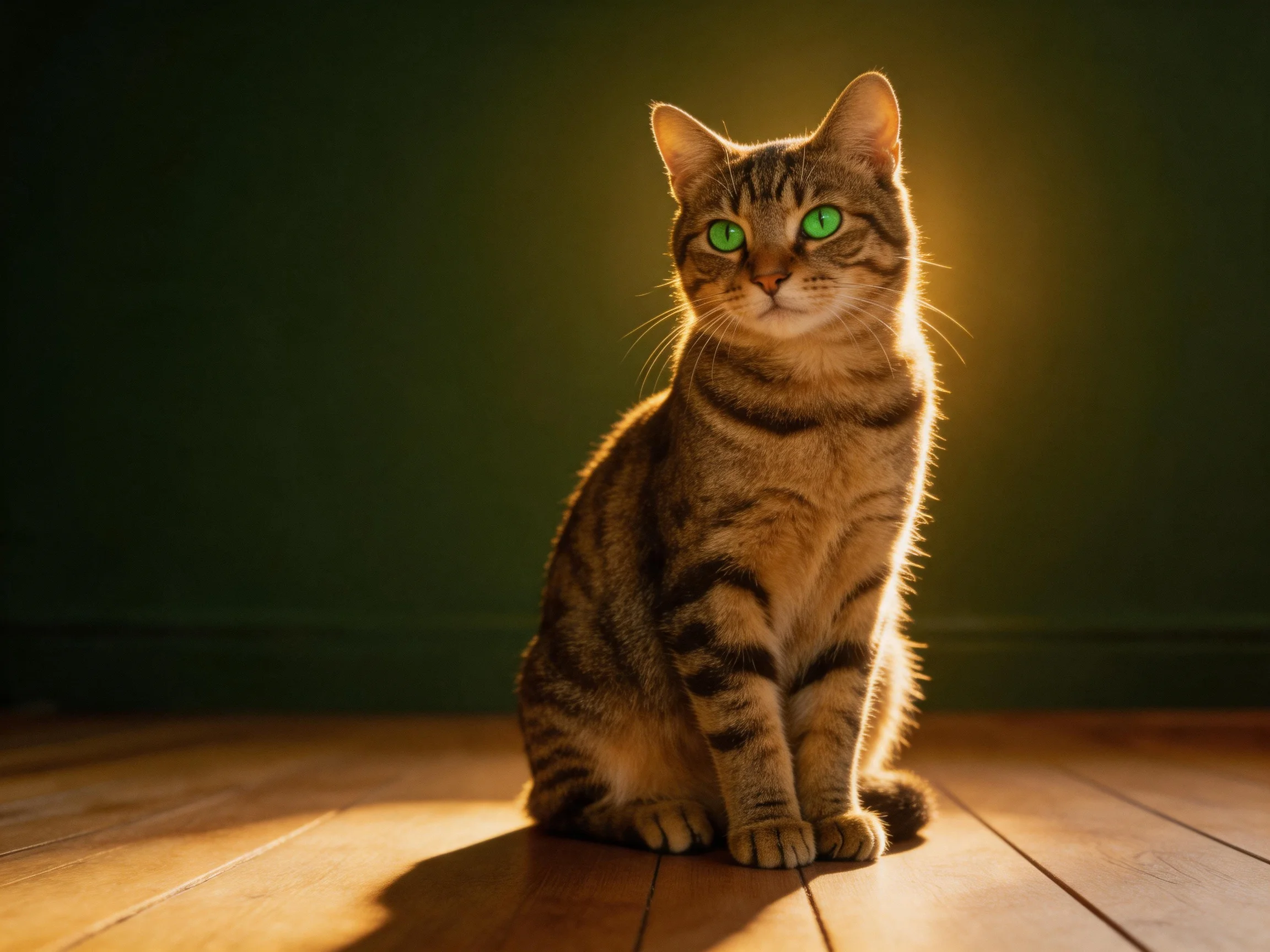 A tabby cat with green eyes sits calmly on a wooden floor in a dimly lit setting.