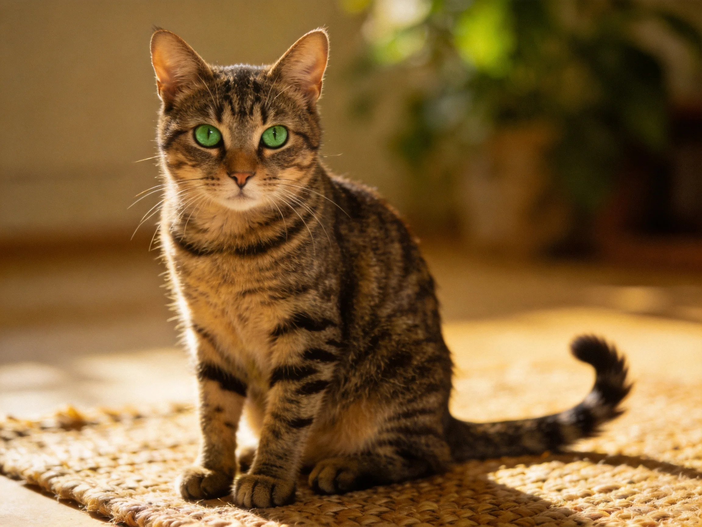 A tabby cat with green eyes sits on a rug in a sunlit indoor space.