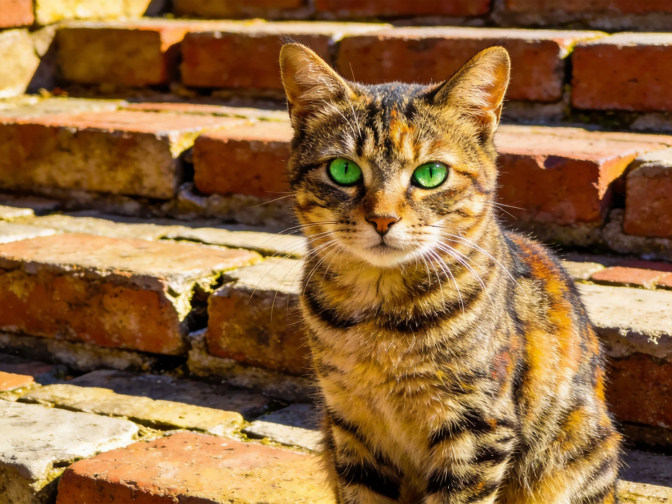 A tabby cat with vivid green eyes rests on weathered brick steps.