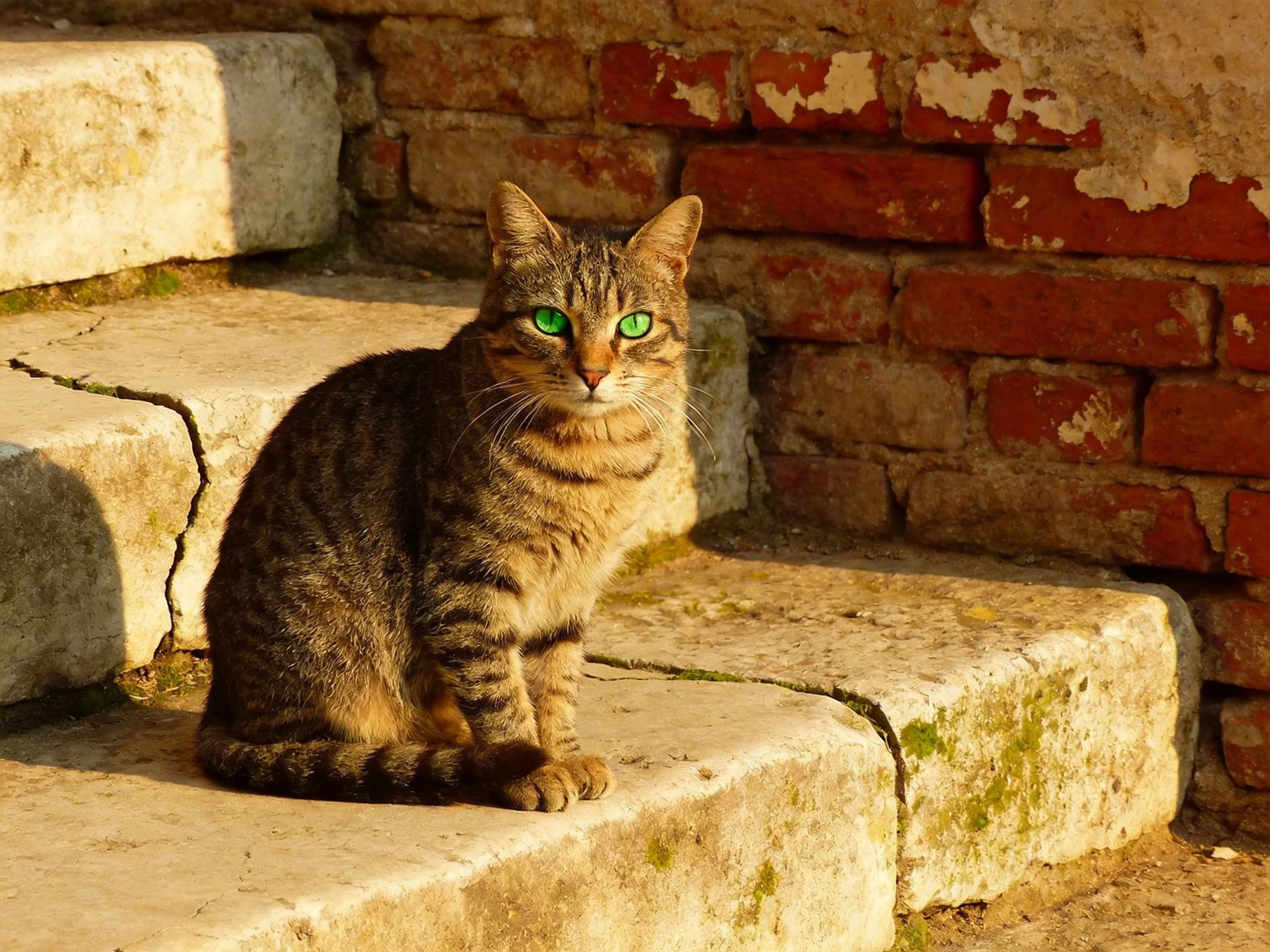 A tabby cat with green eyes rests on old stone steps adjacent to a weathered brick wall.