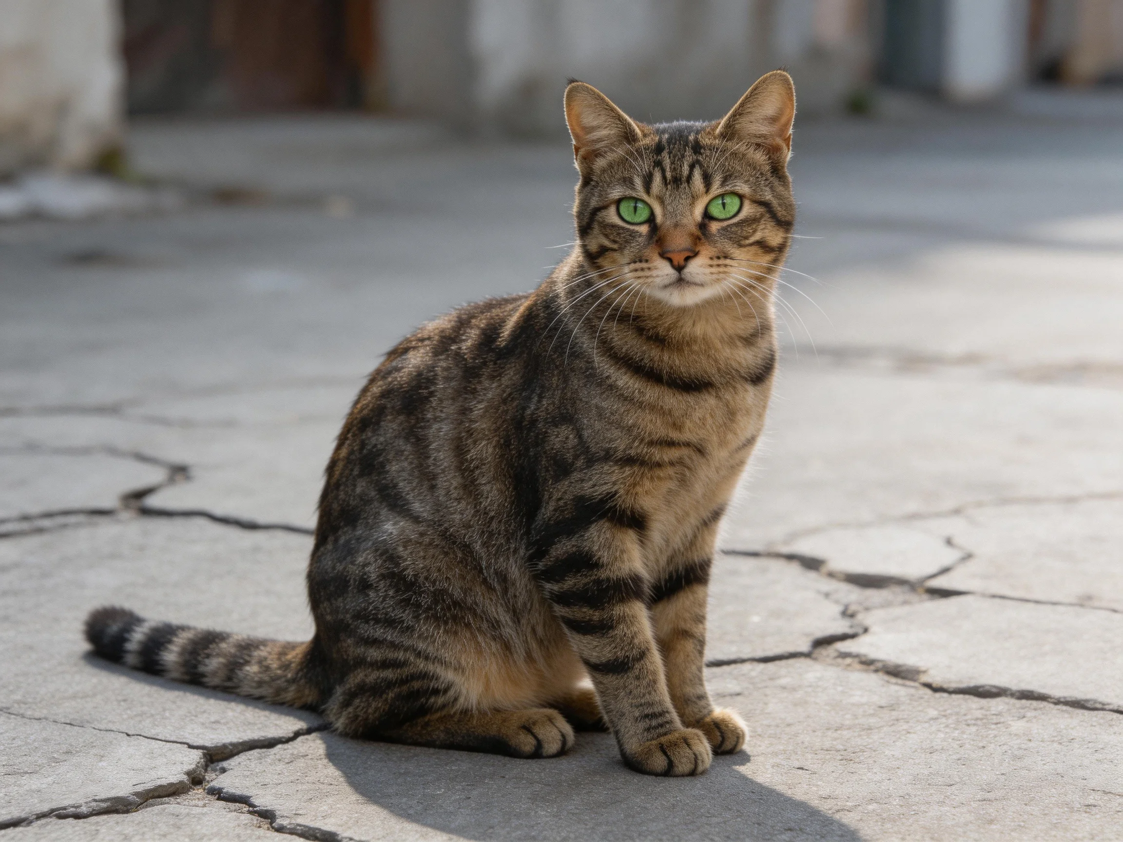 A tabby cat with green eyes sits calmly on cracked pavement.