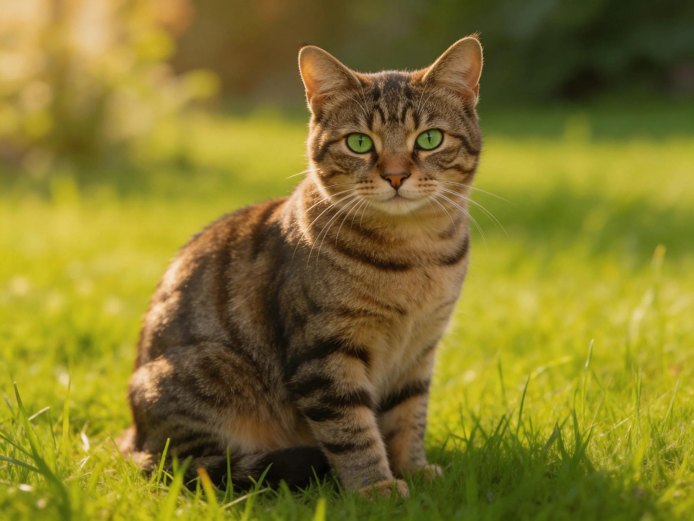 A tabby cat with green eyes sits on grass.