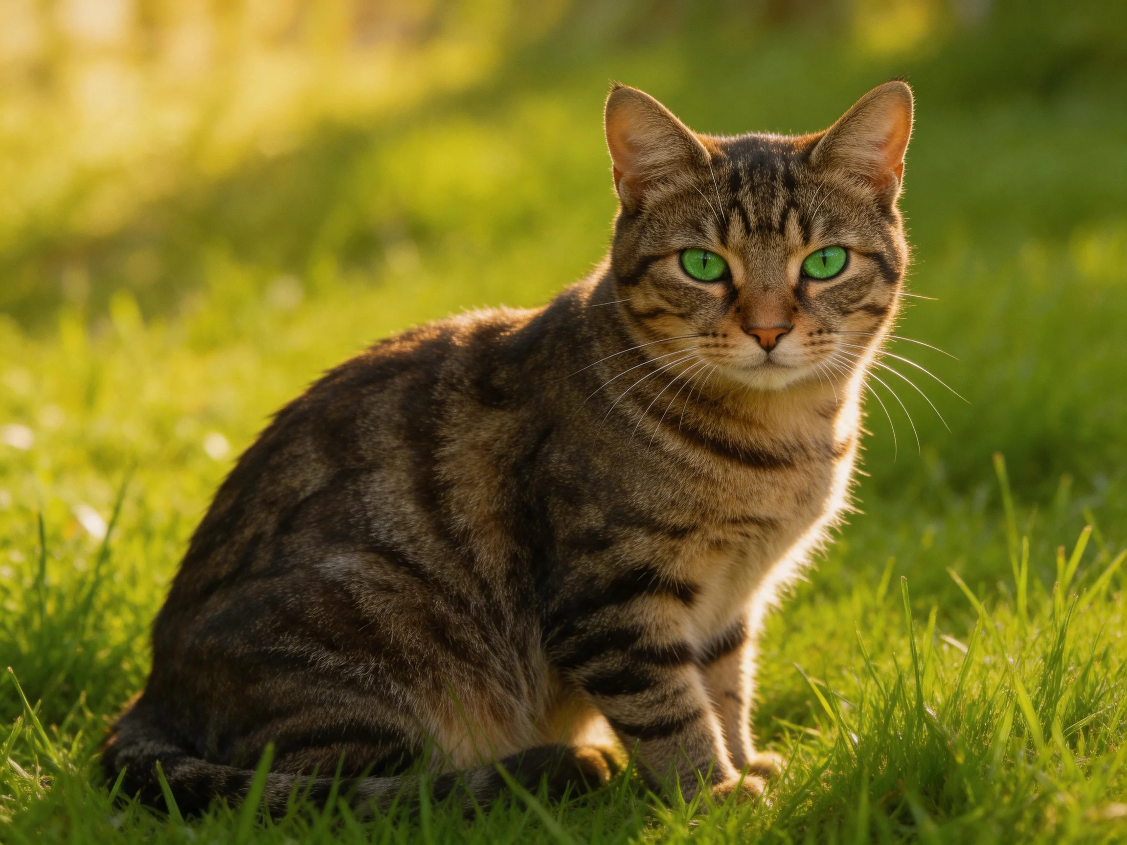 A tabby cat with green eyes sits on green grass