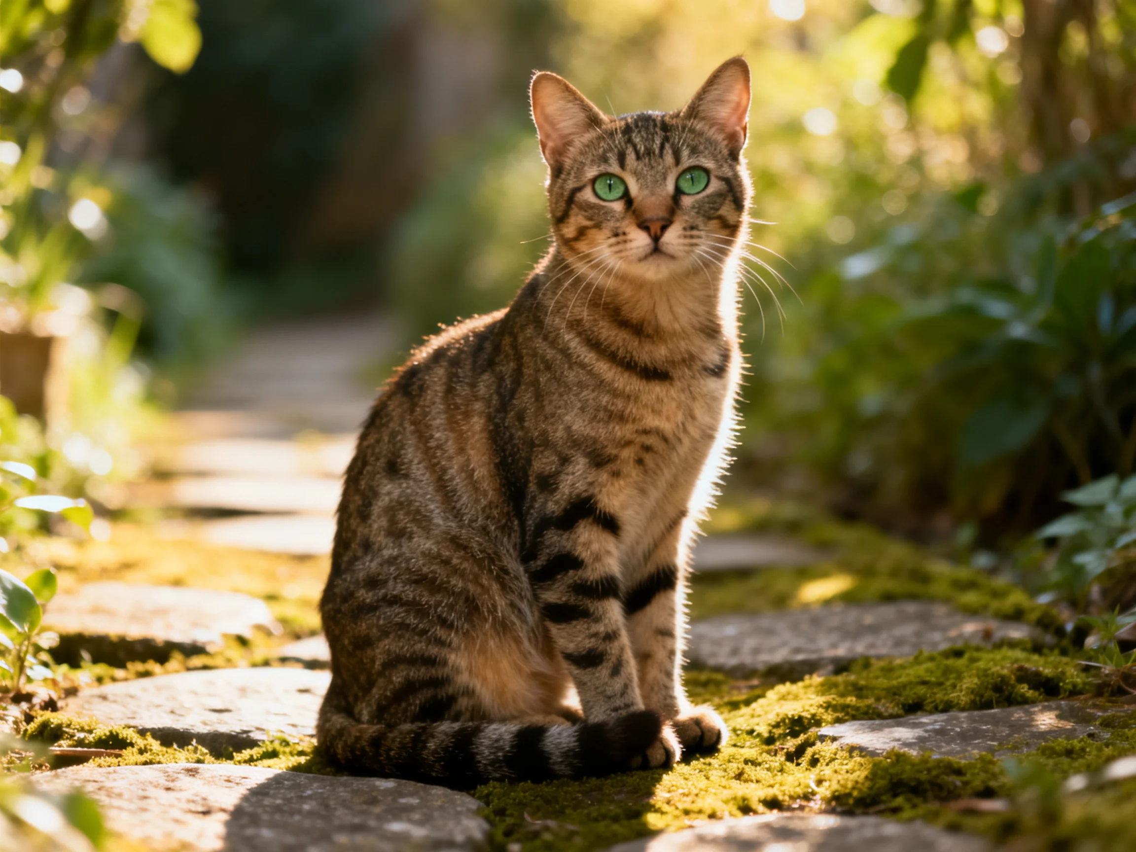 A tabby cat with green eyes rests on a mossy stone path in a sunlit garden.