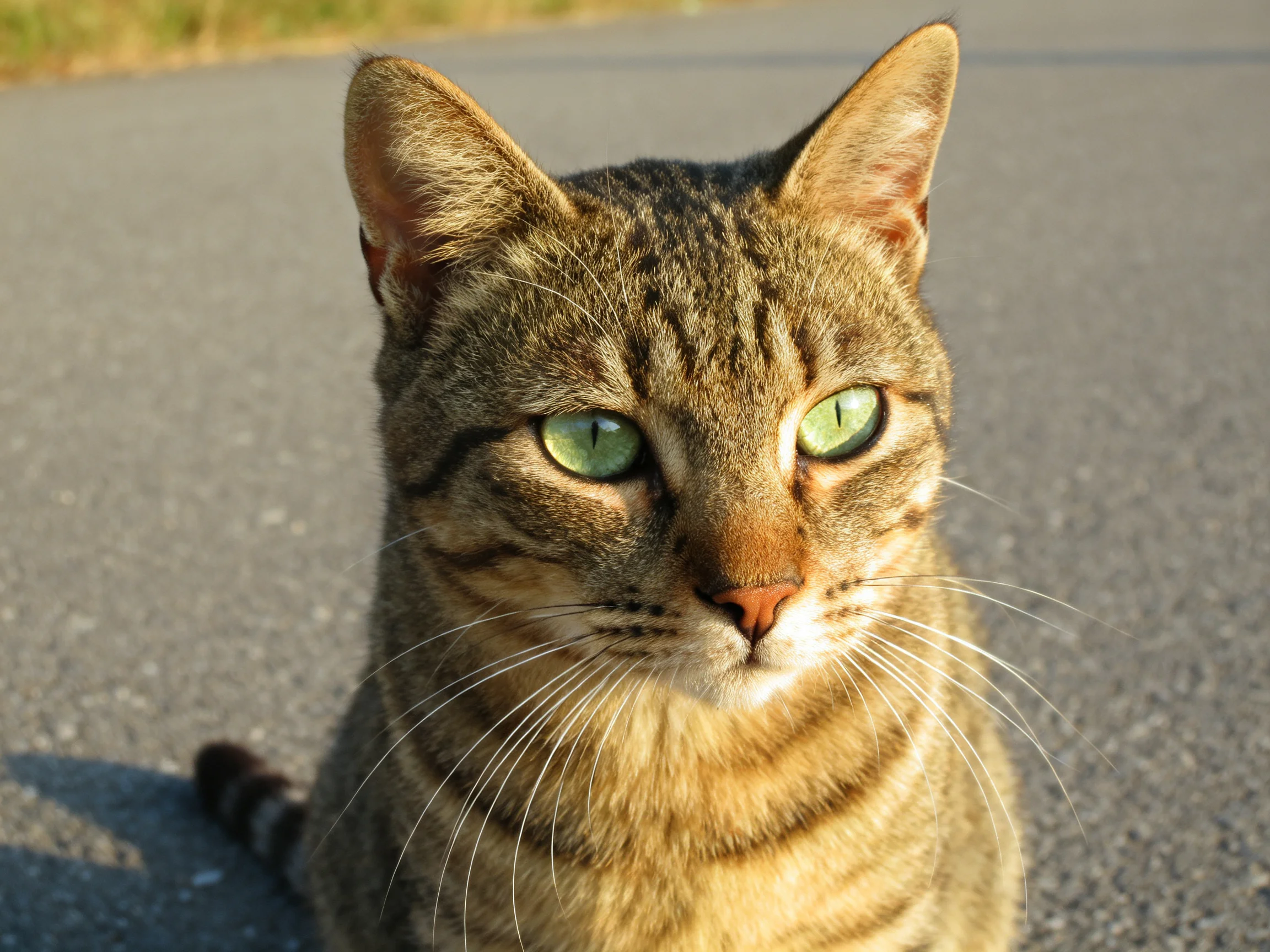 A tabby cat with green eyes rests on paved ground.