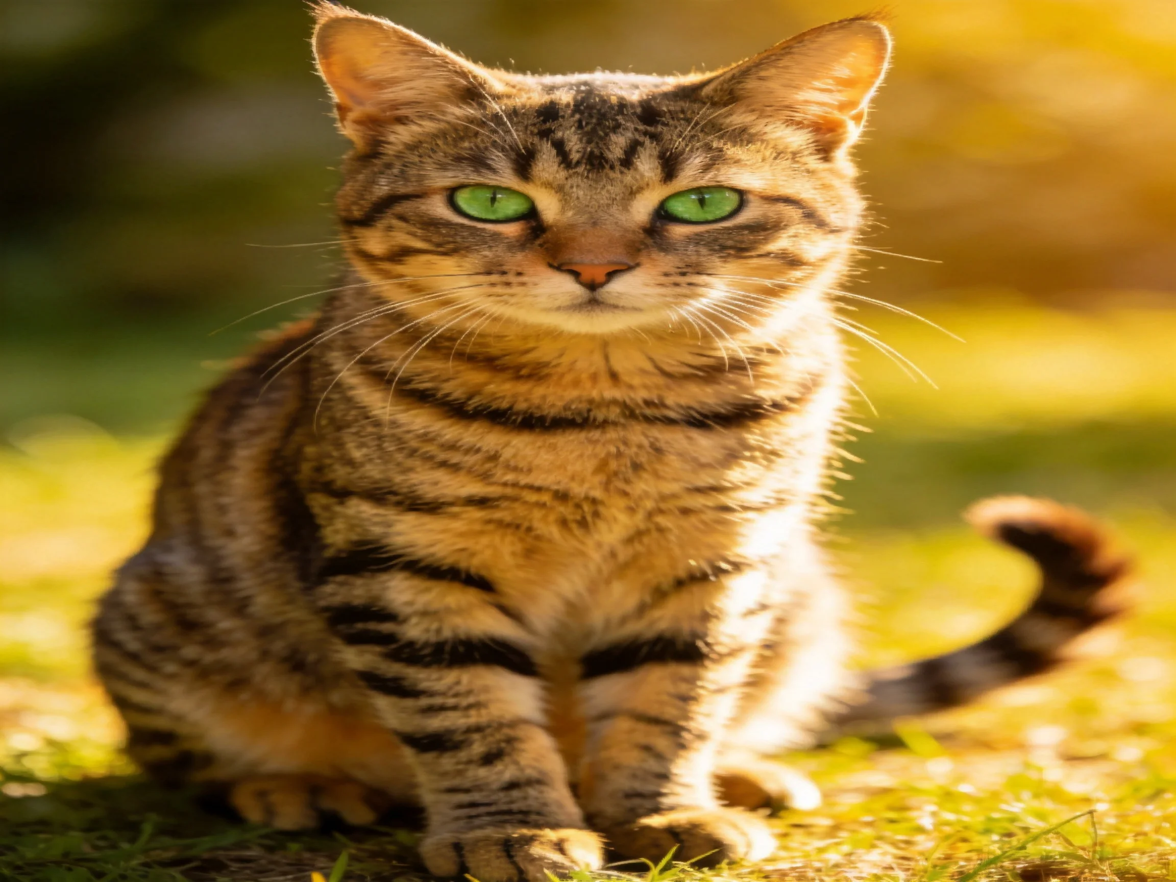 A tabby cat with green eyes sits in a sunlit outdoor setting.