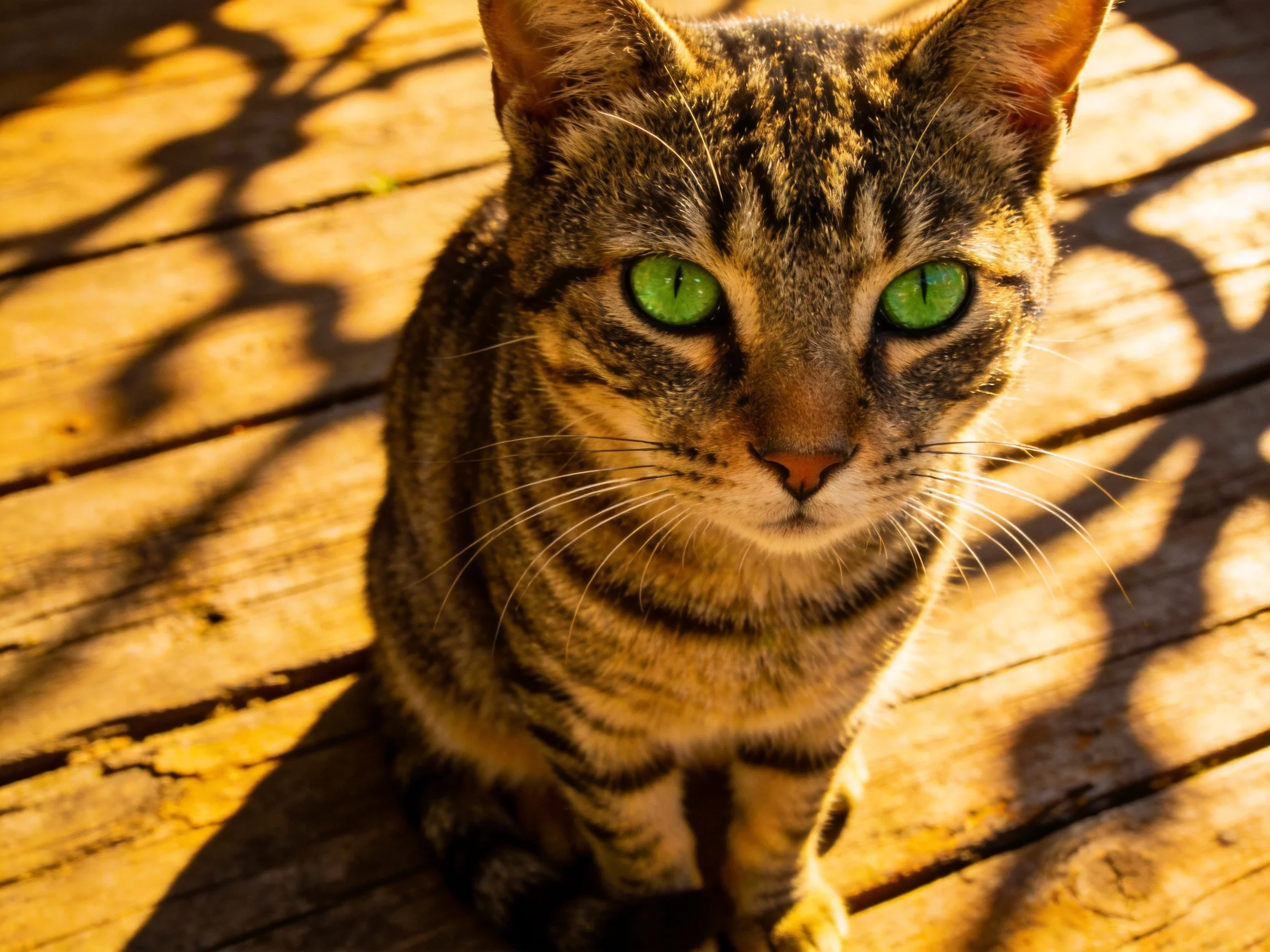 A tabby cat with green eyes sits on sunlit wooden planks.