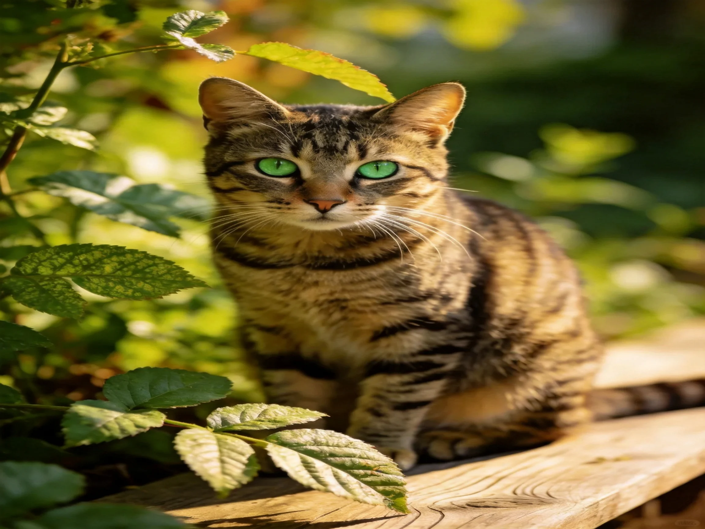 A tabby cat with green eyes rests on wooden planks among greenery.