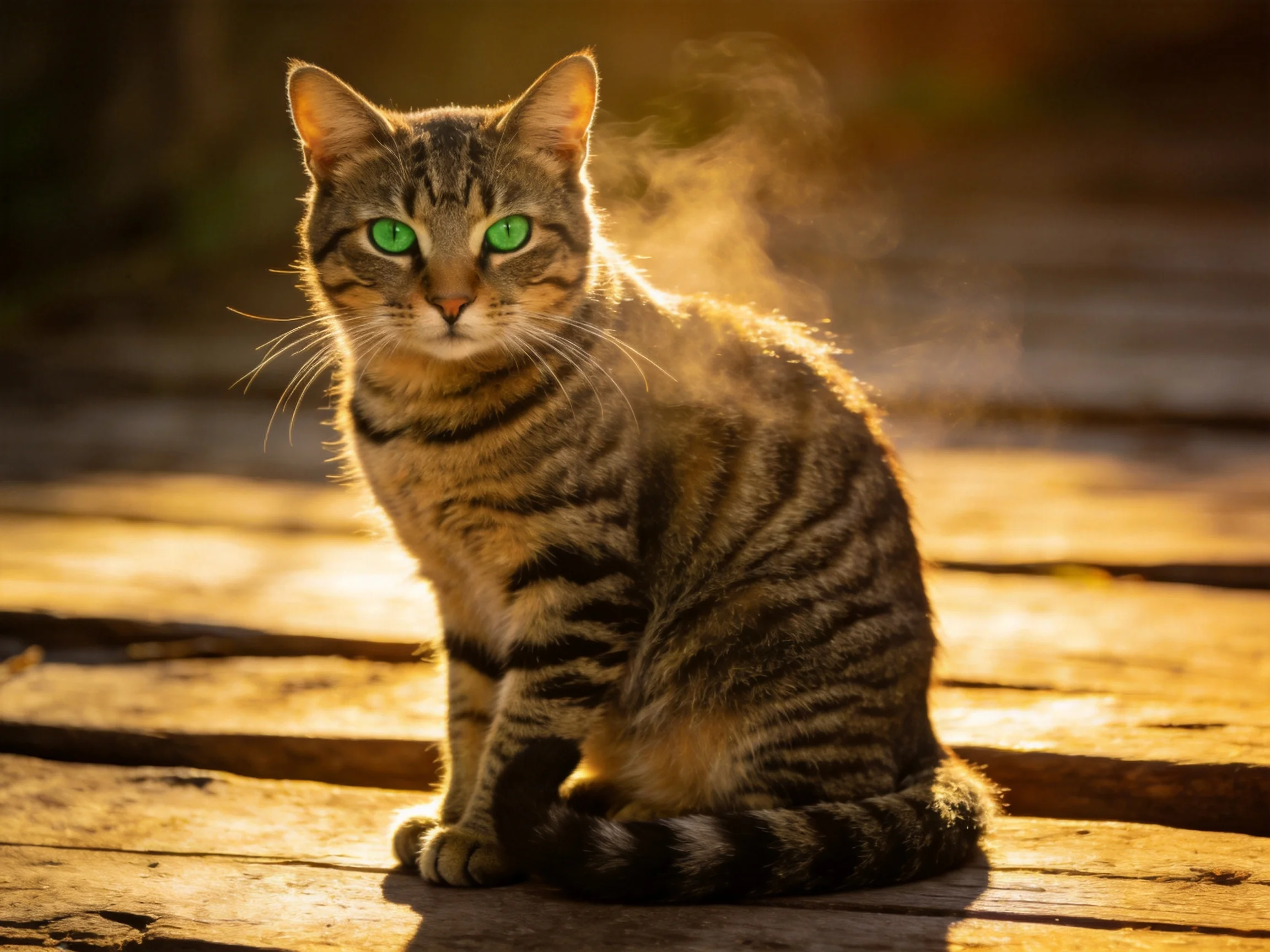 A tabby cat with green eyes rests on a wooden surface lit by warm sunlight.