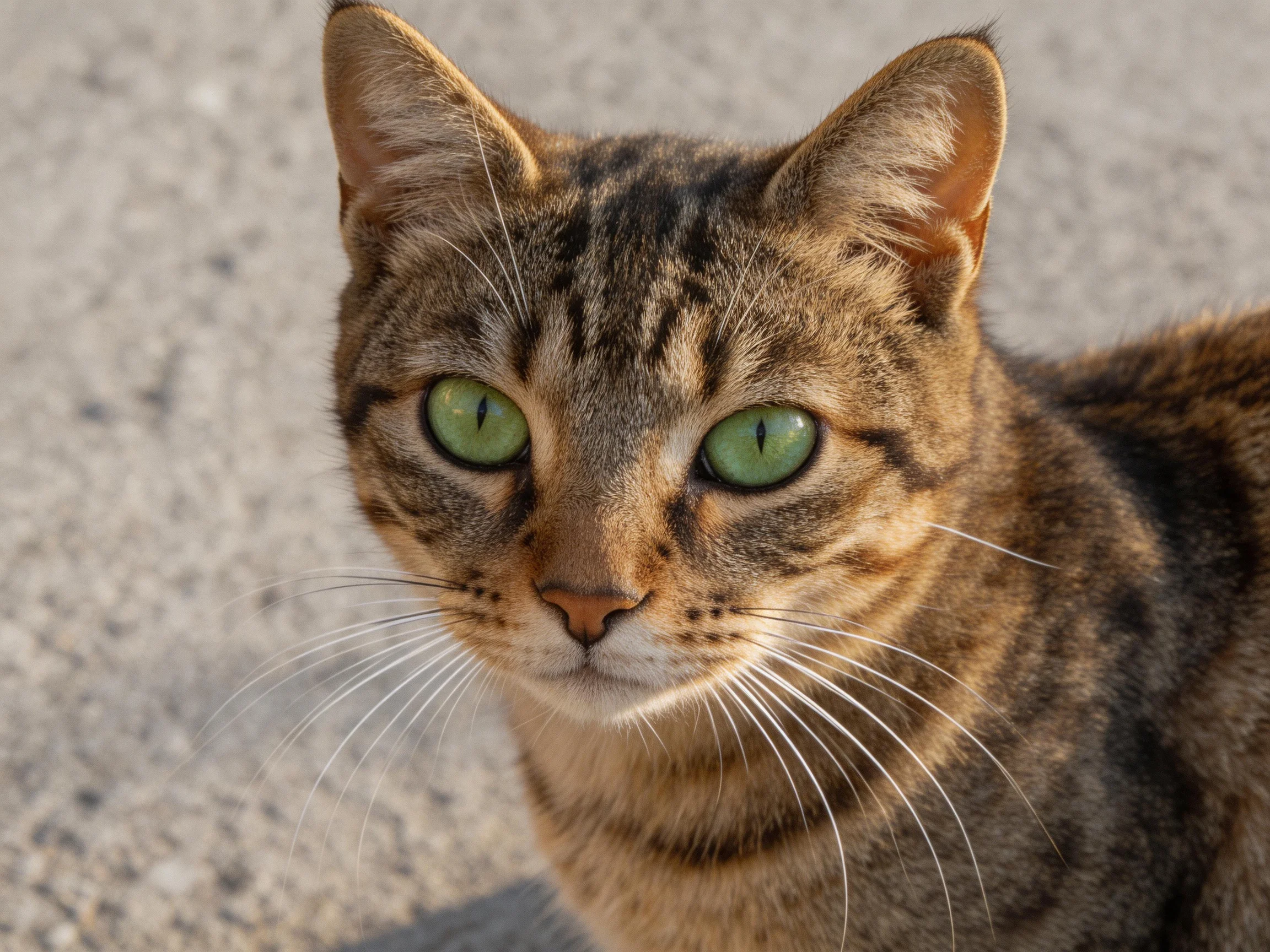 A tabby cat with bright green eyes sits on a rough-textured pavement outdoors.