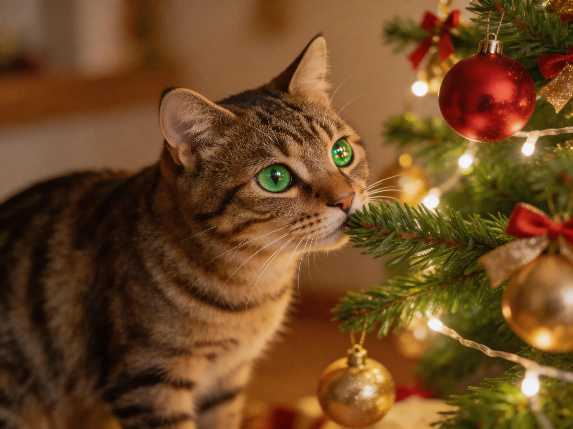 A tabby cat interacts with a decorated Christmas tree featuring ornaments