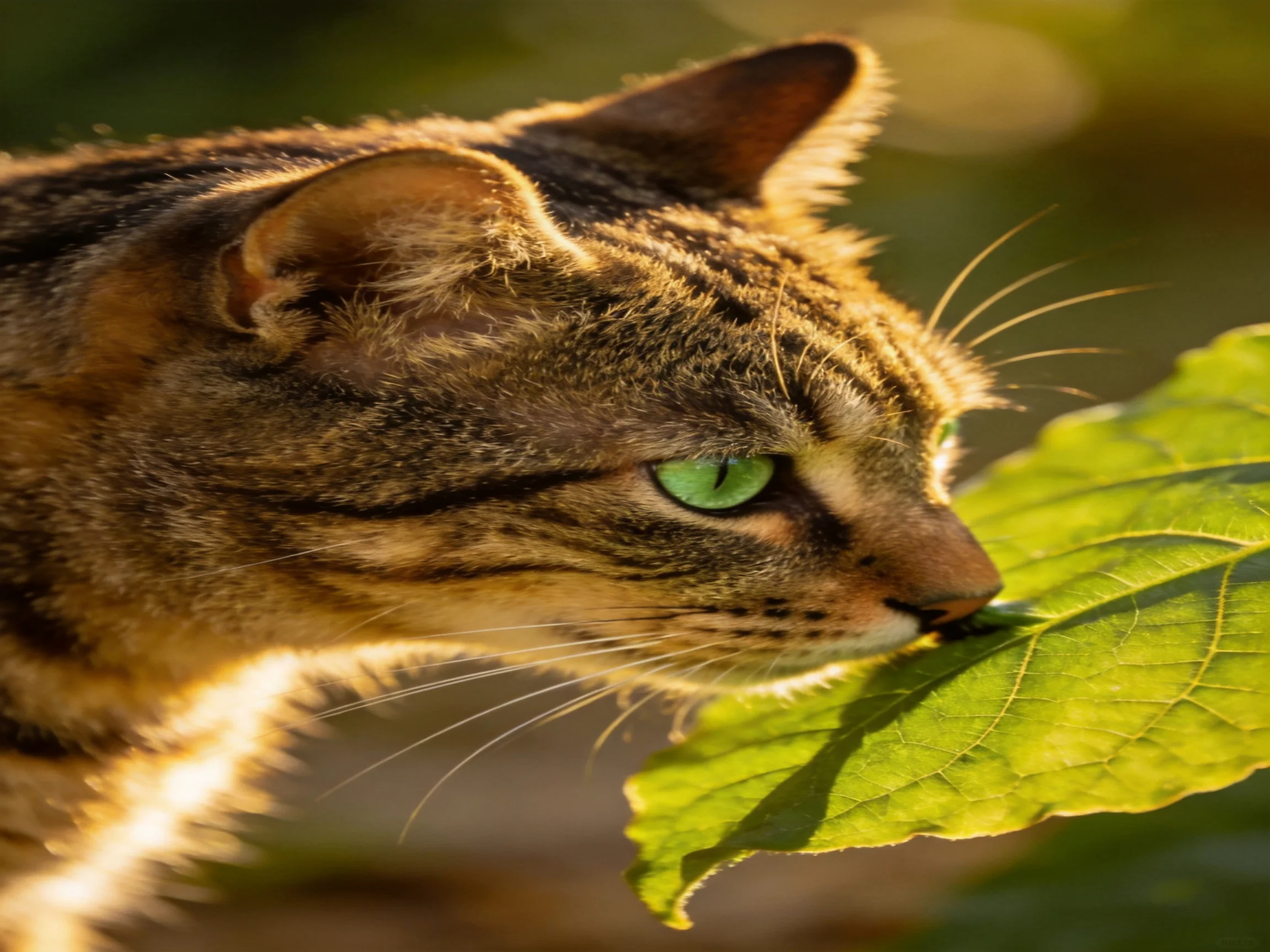 A tabby cat with green eyes sniffs a leaf in an outdoor setting.