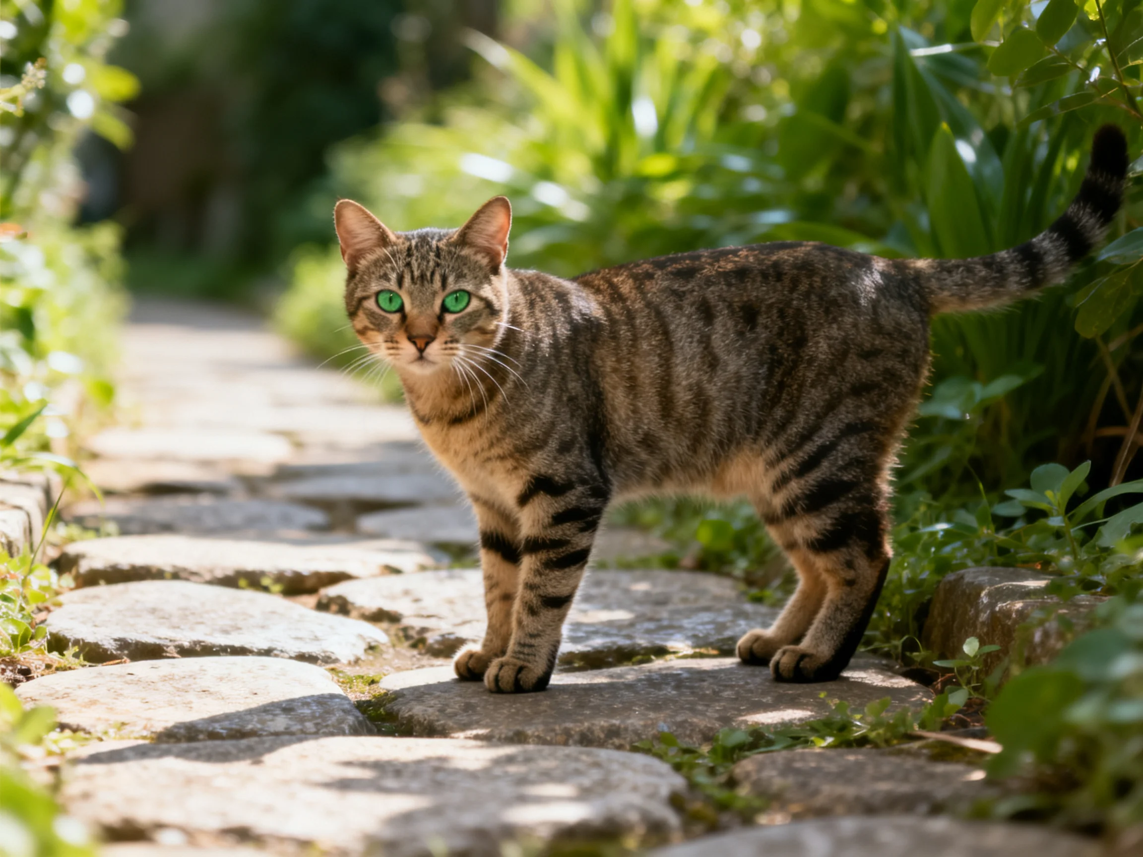 A tabby cat with bright green eyes stands on a cobblestone path in a sunlit garden