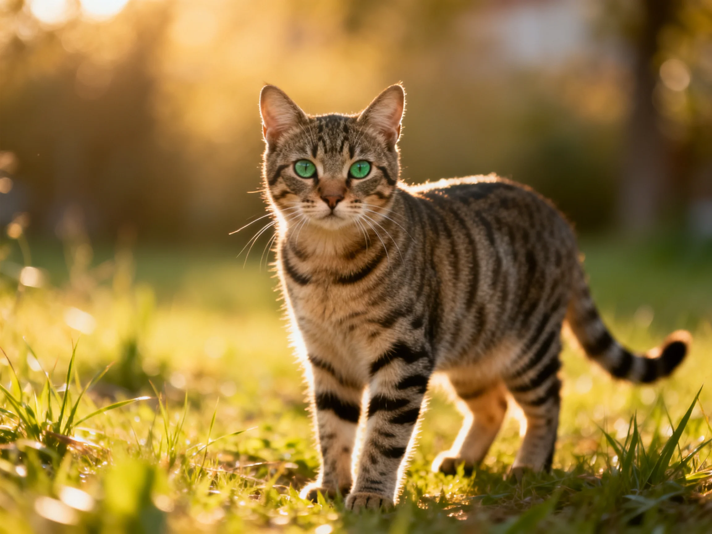 A tabby cat with green eyes stands in a sunlit grassy area.
