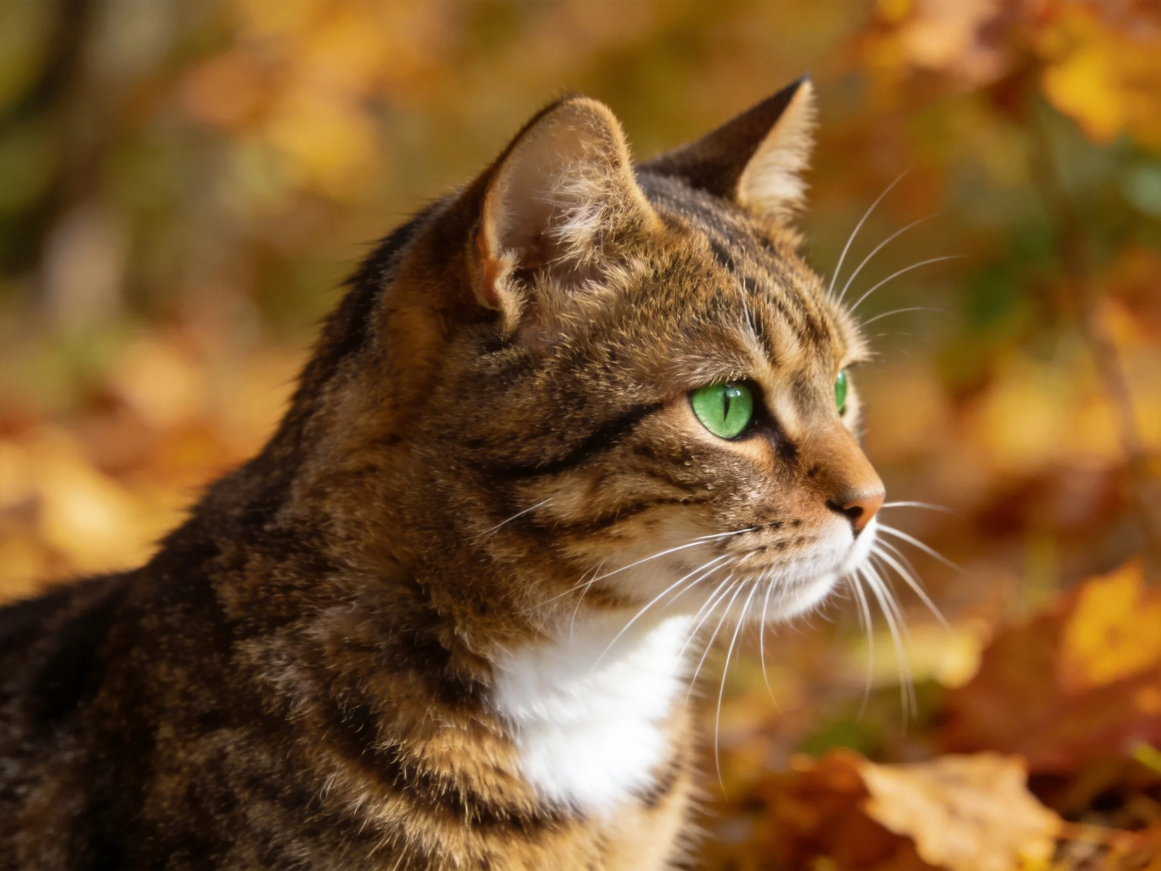 A tabby cat with green eyes sits near golden autumn leaves.