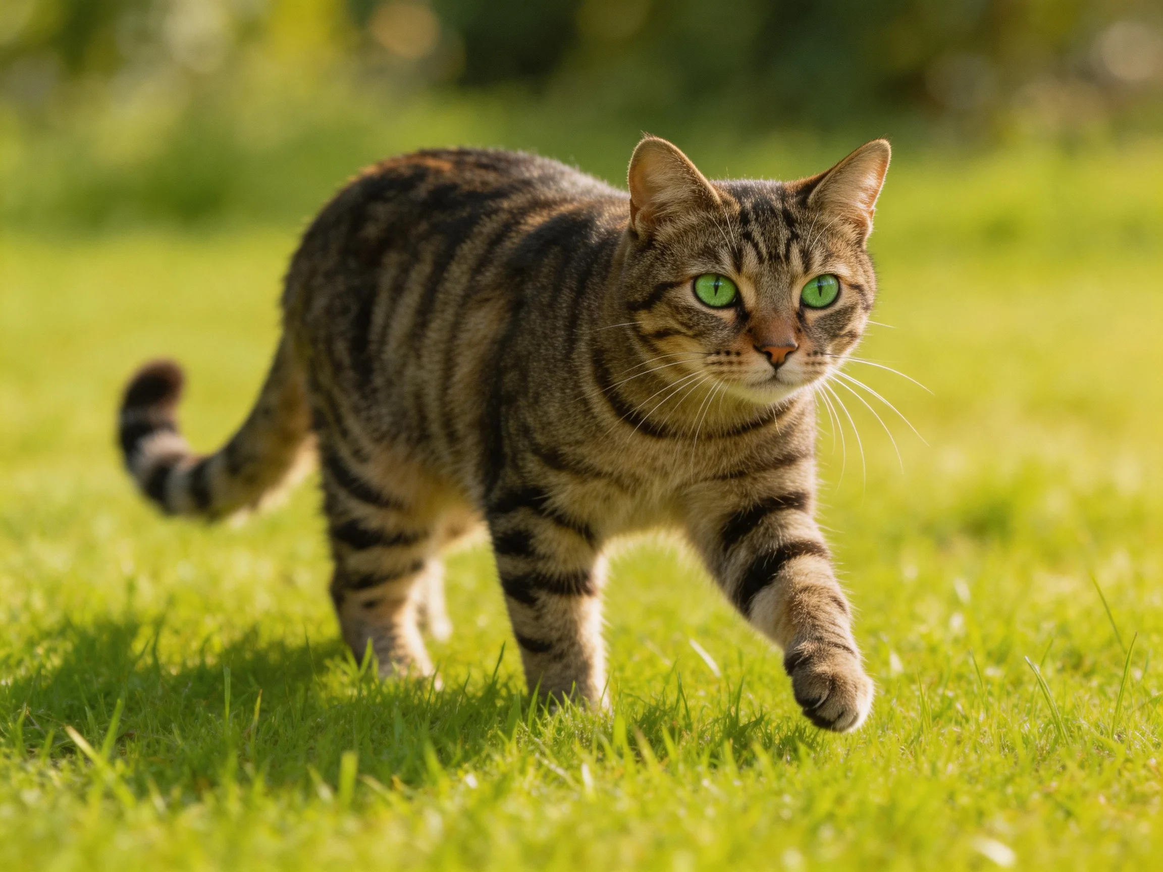 A tabby cat with bright green eyes moves through a sunlit grassy area.