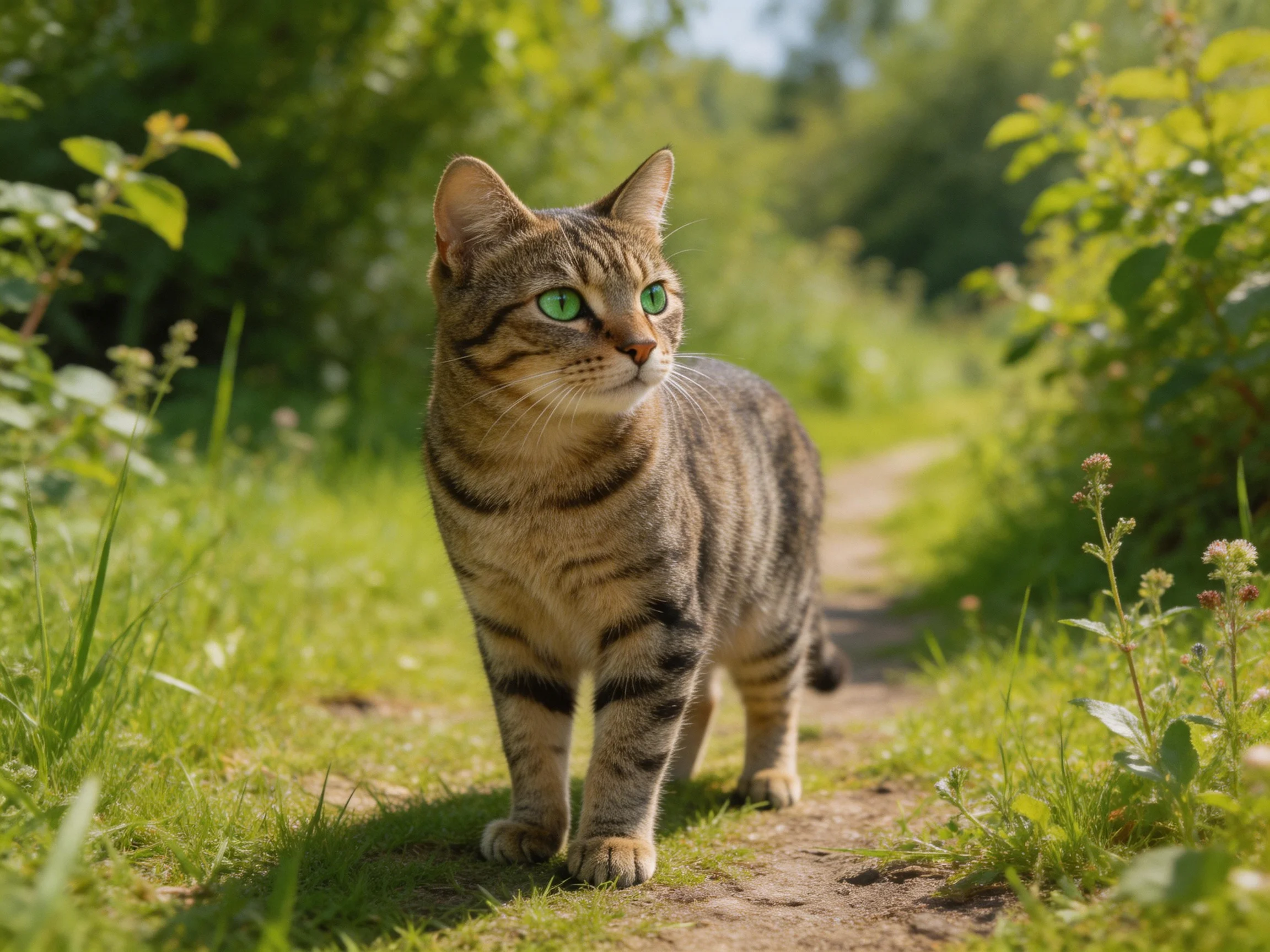 A tabby cat with green eyes explores a sunlit dirt path in a lush green area.