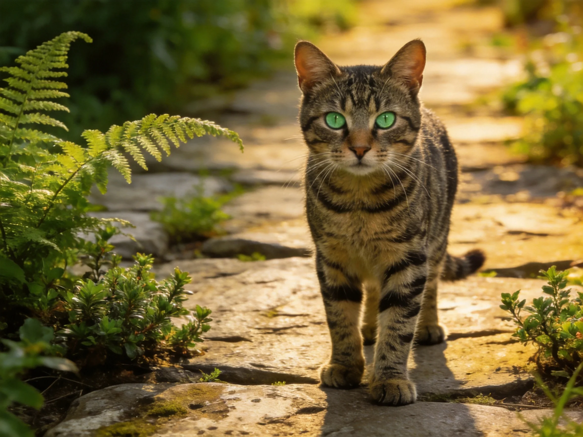 A tabby cat with green eyes walks on a sunlit stone path near plants