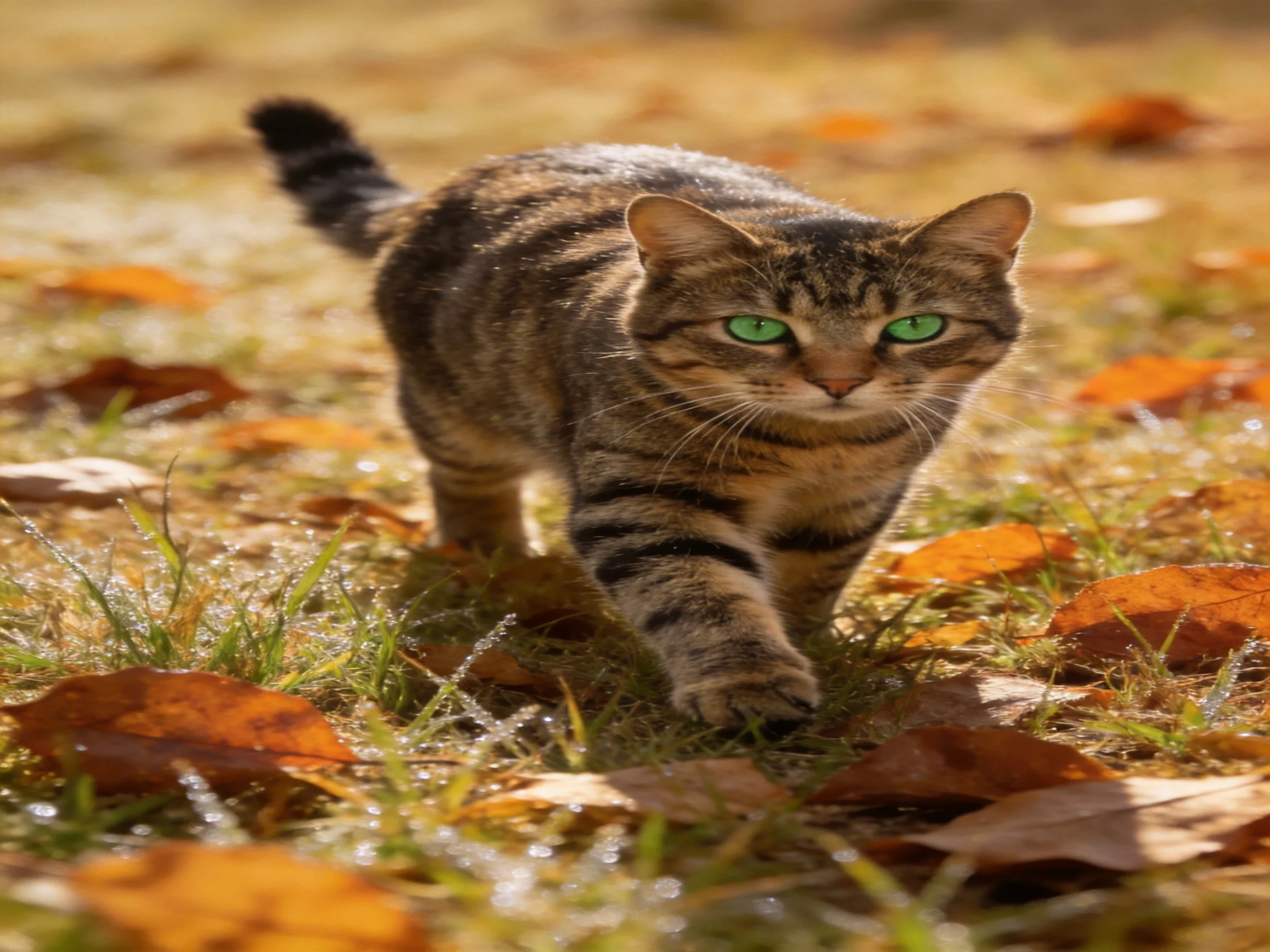 A tabby cat with green eyes moves through a field of autumn leaves.