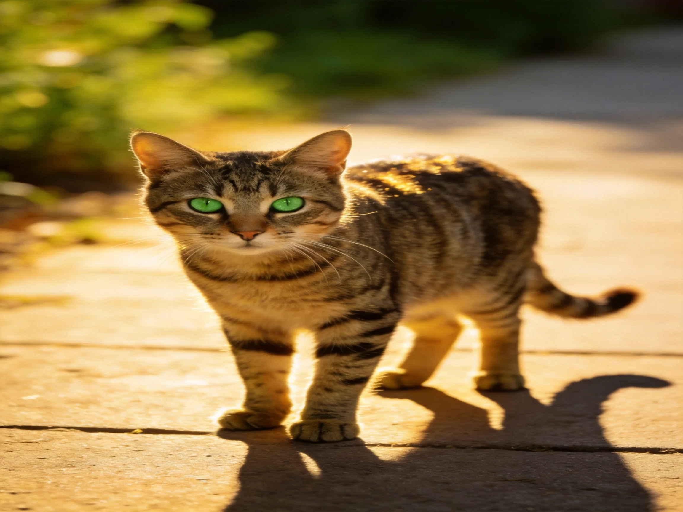 Tabby cat with green eyes stands on a sunlit outdoor path.
