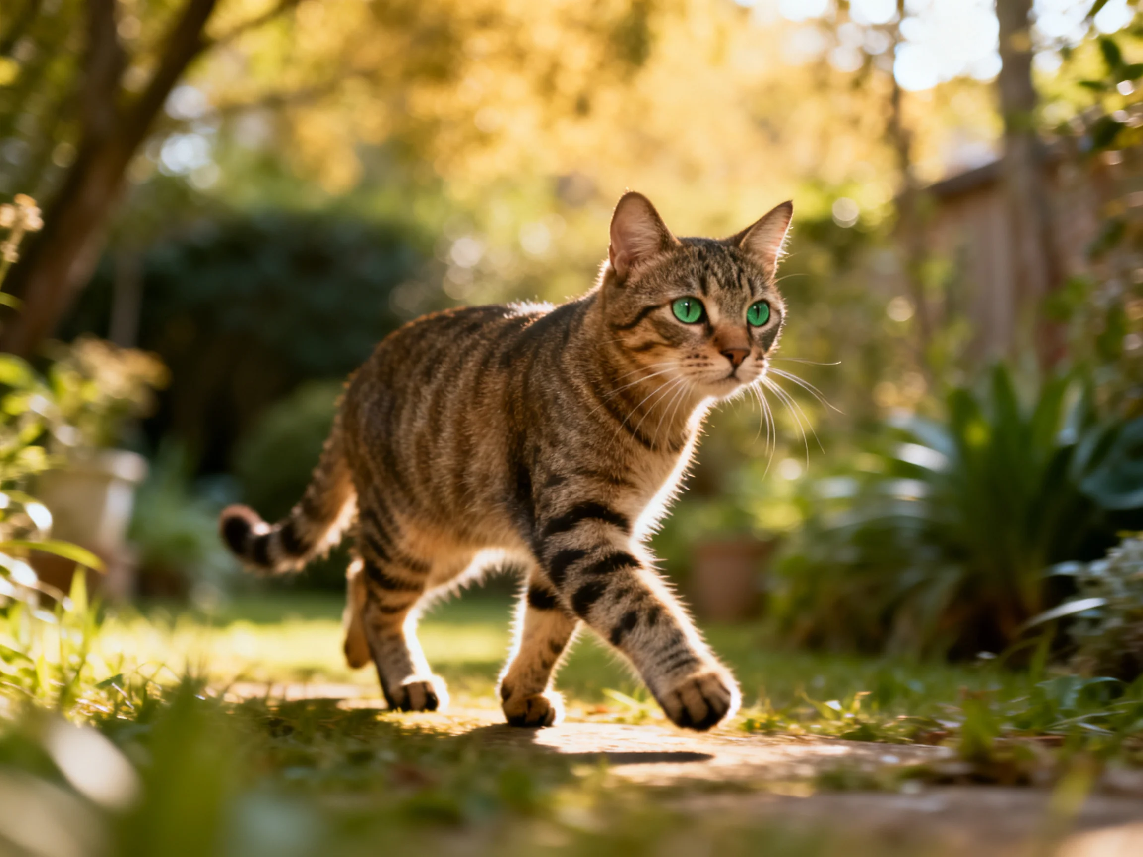 A tabby cat with green eyes moves along a sunlit garden path surrounded by foliage.