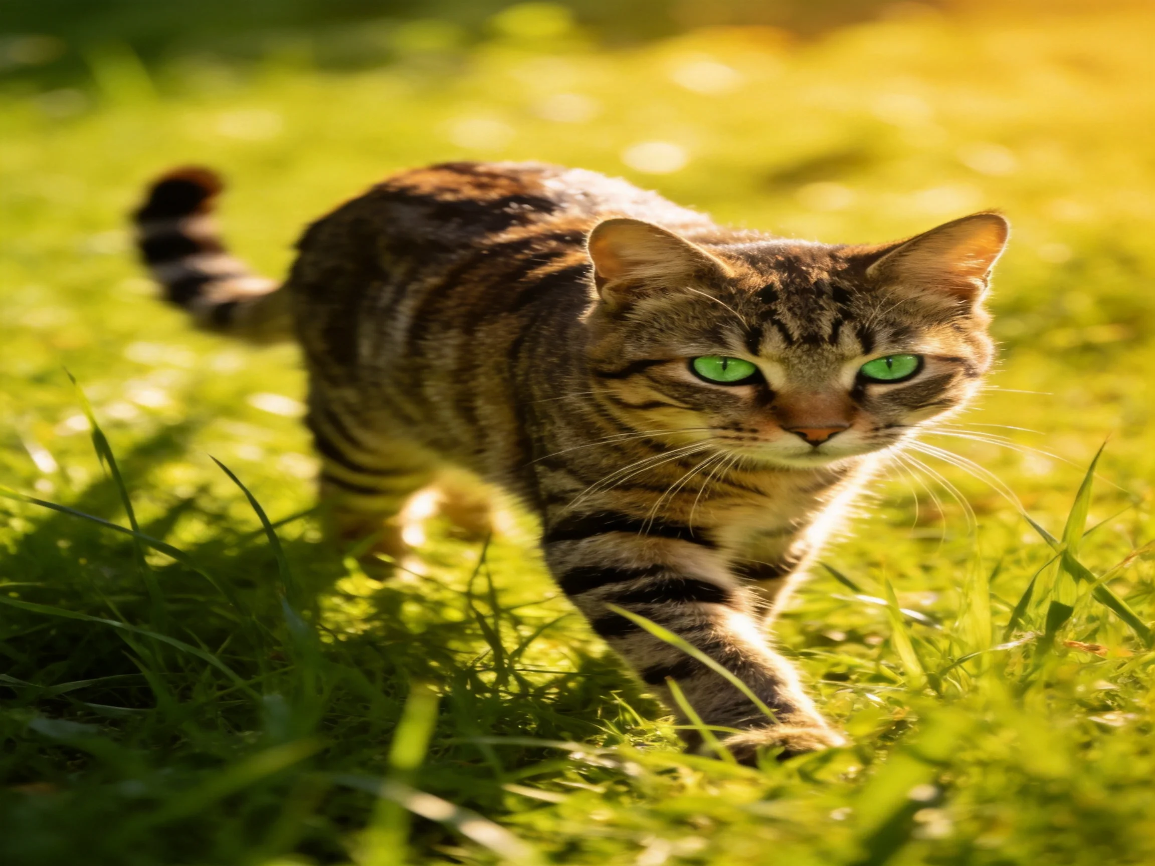 A tabby cat with green eyes moves through sunlit grass
