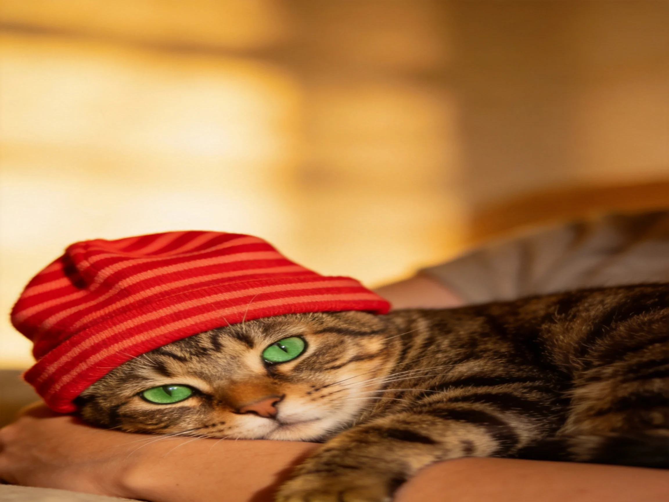 A tabby cat with green eyes and a red hat is gently held.