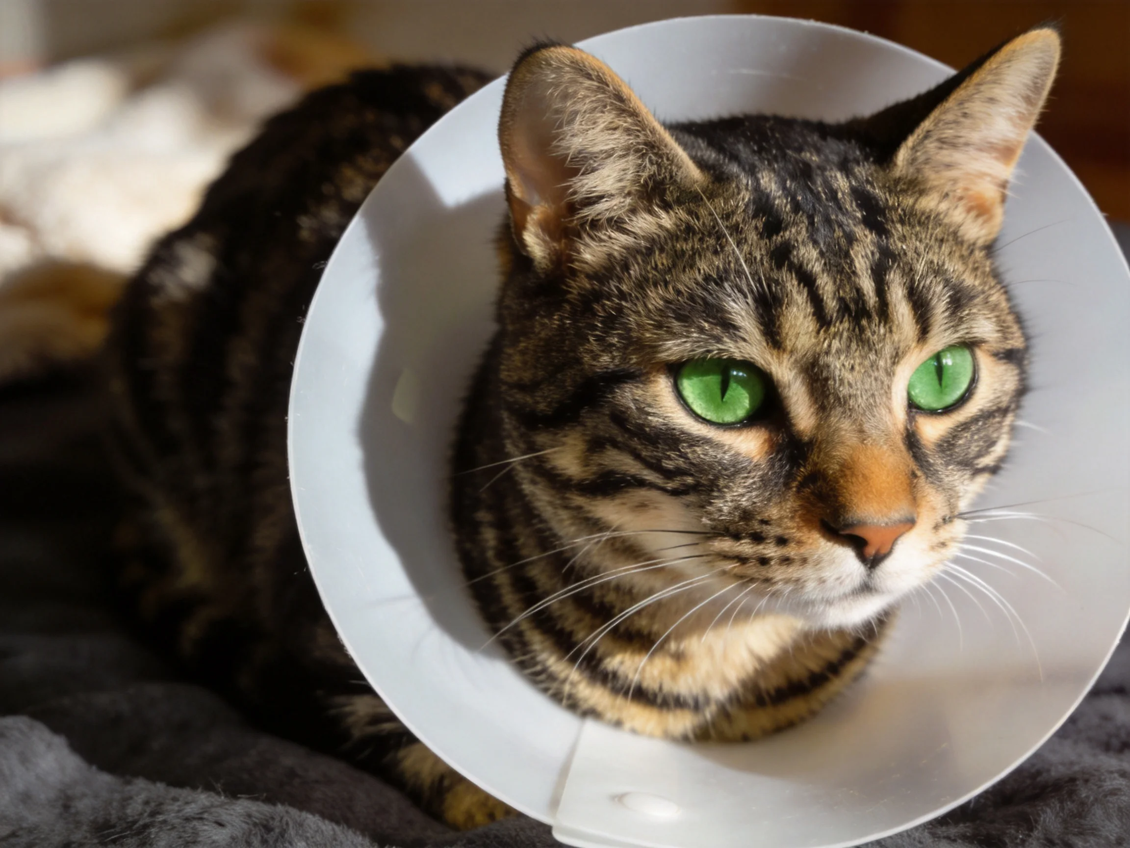 A tabby cat with green eyes wears a white cone