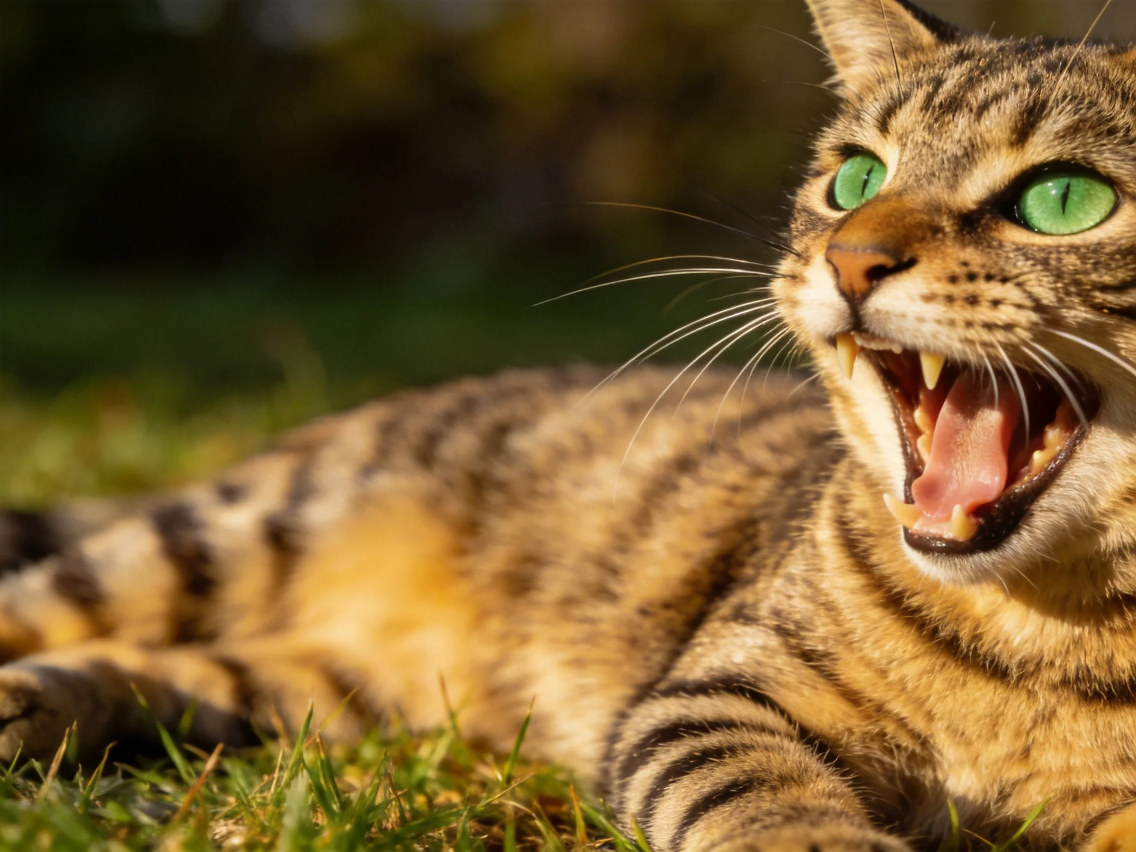 A tabby cat with green eyes yawns while resting on grass in sunlight.