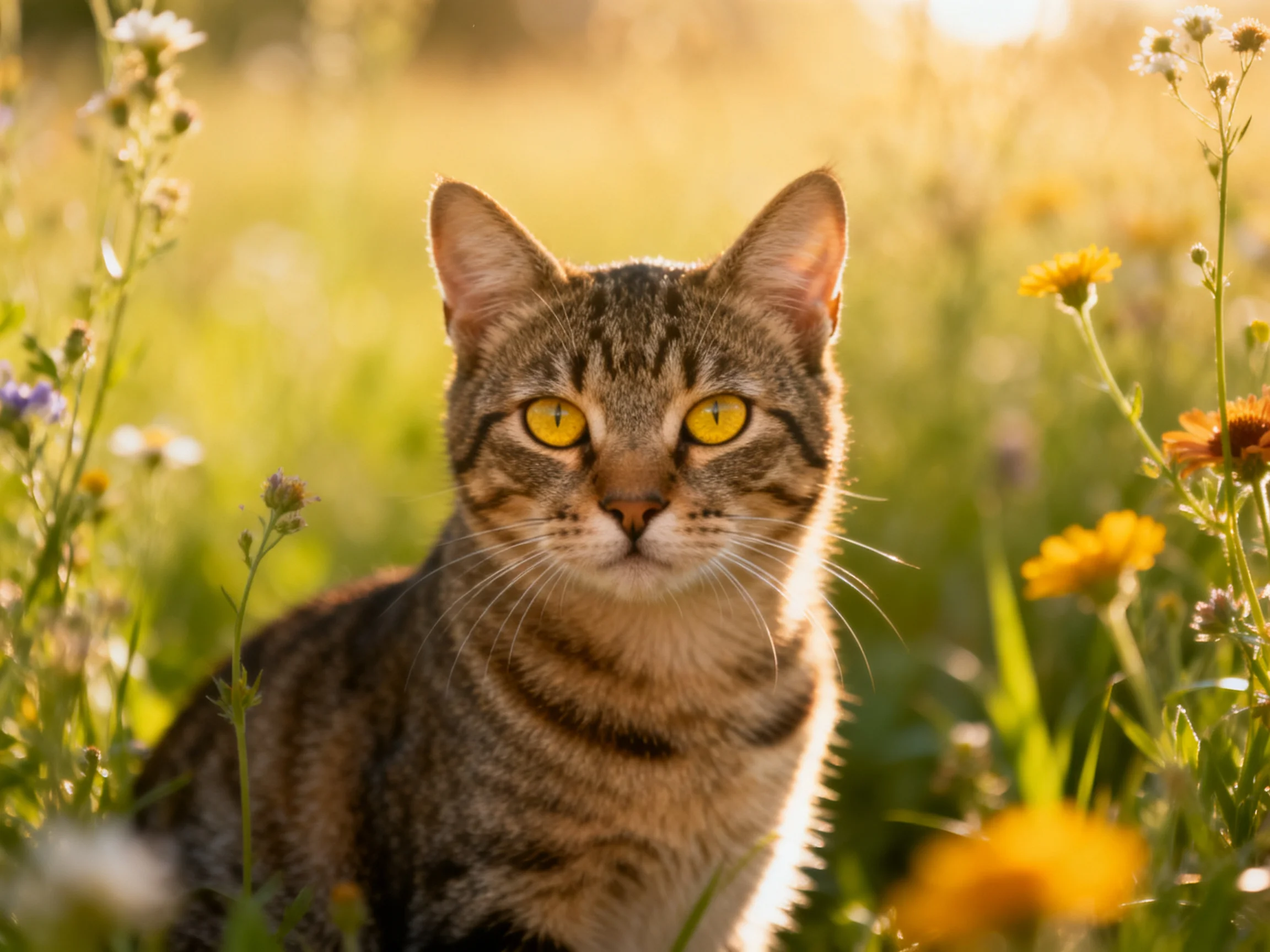 A tabby cat with bright yellow eyes rests among wildflowers in a sunlit meadow.