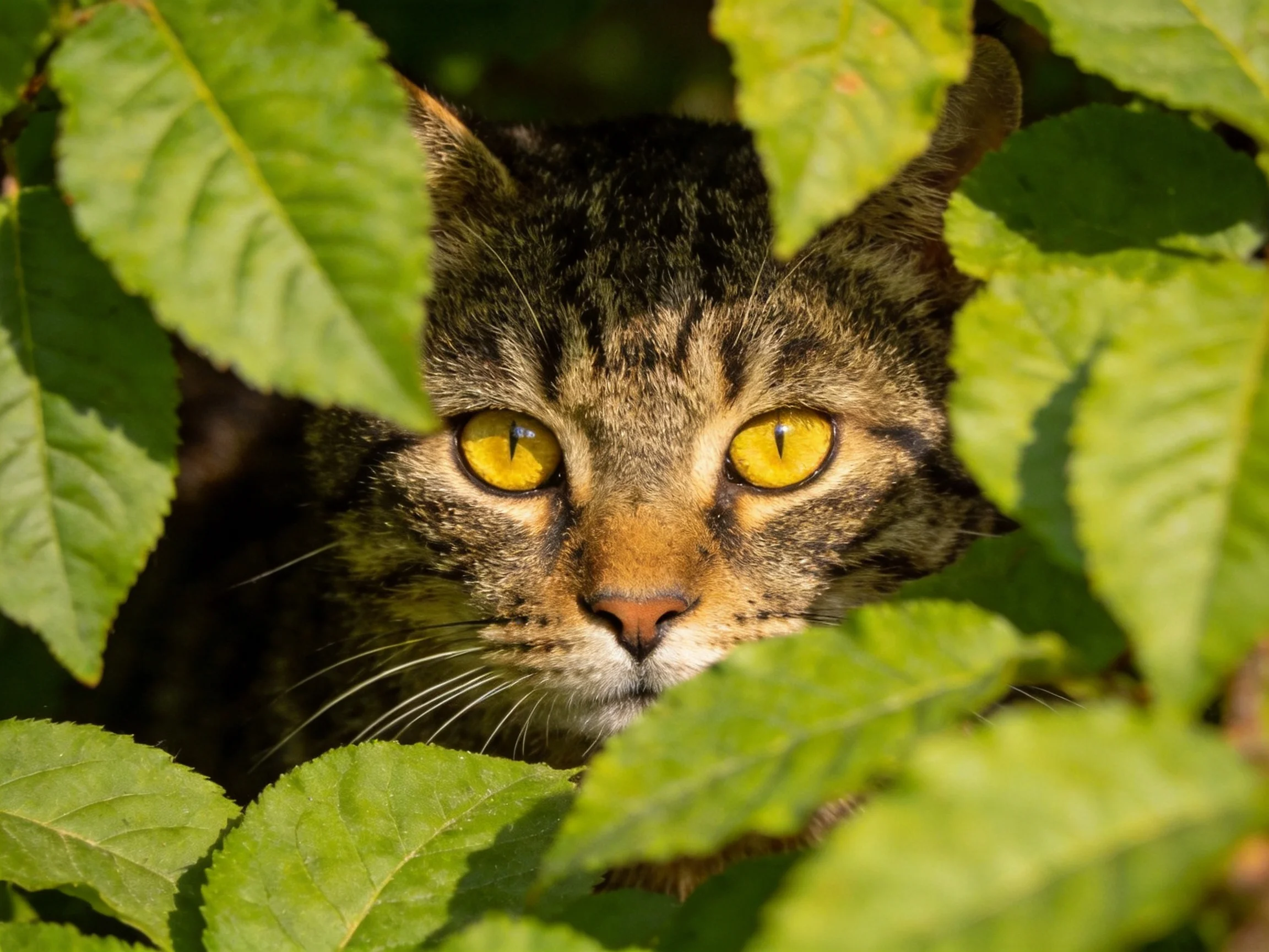 A tabby cat with yellow eyes is partially hidden by green leaves