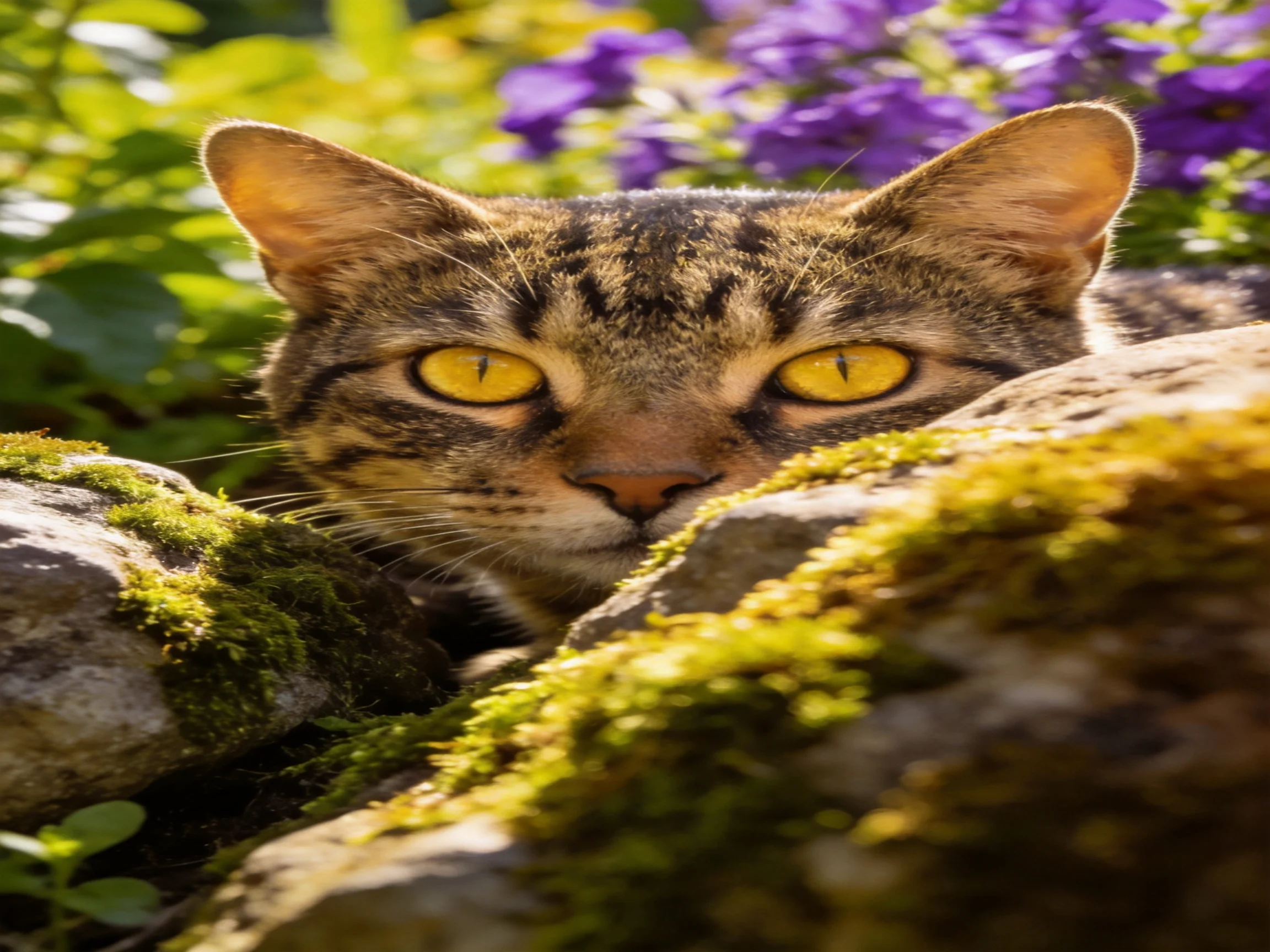 A tabby cat peeks from behind mossy rocks amid colorful flowers in a sunlit setting.
